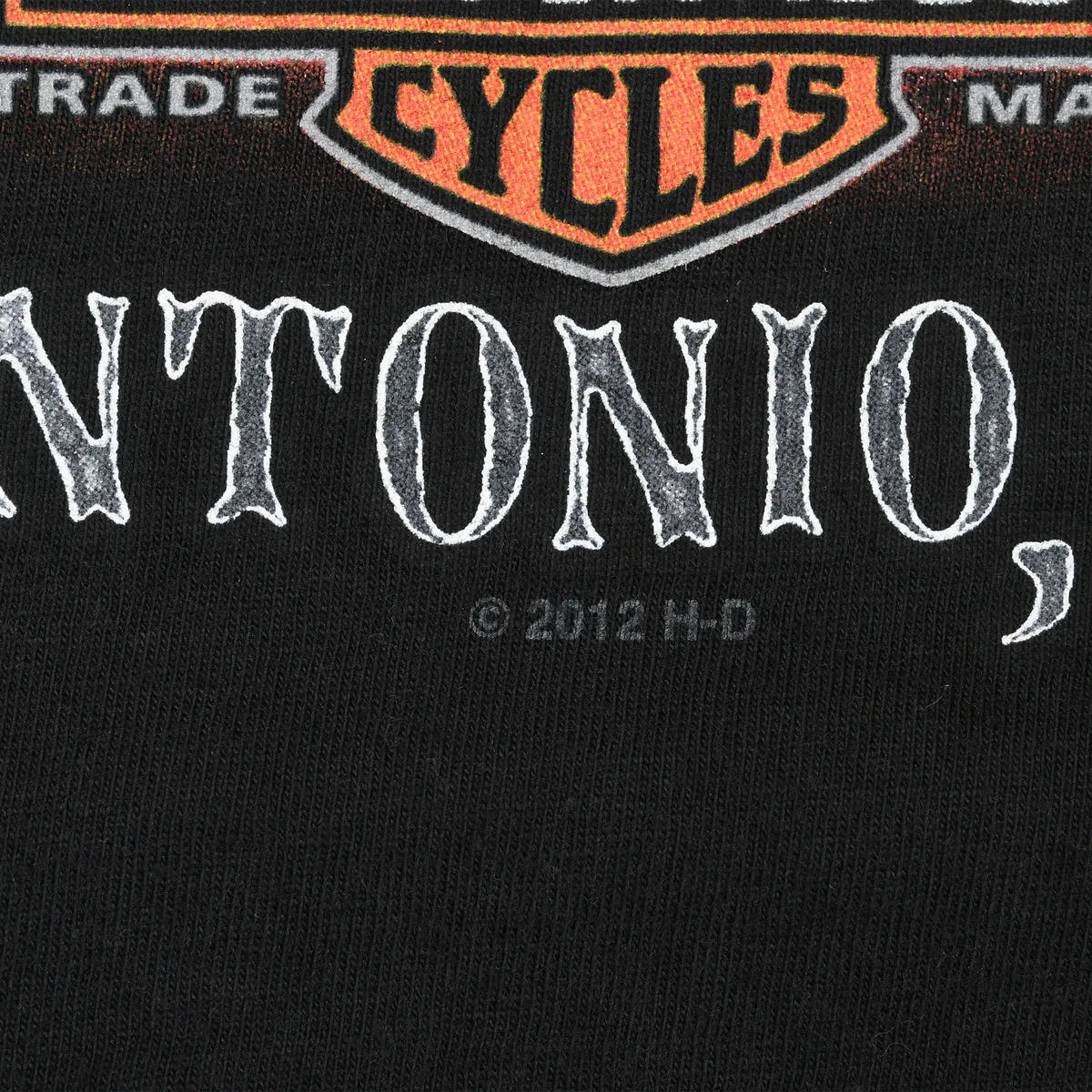 Close-up of San Antonio lettering and © 2012 H-D mark on black fabric