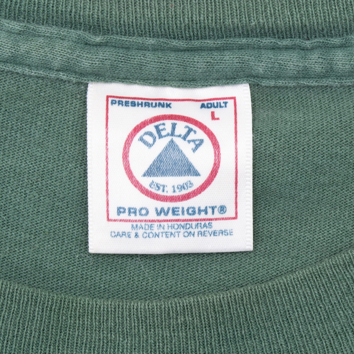 Delta Pro Weight neck tag marked adult large on green T-shirt