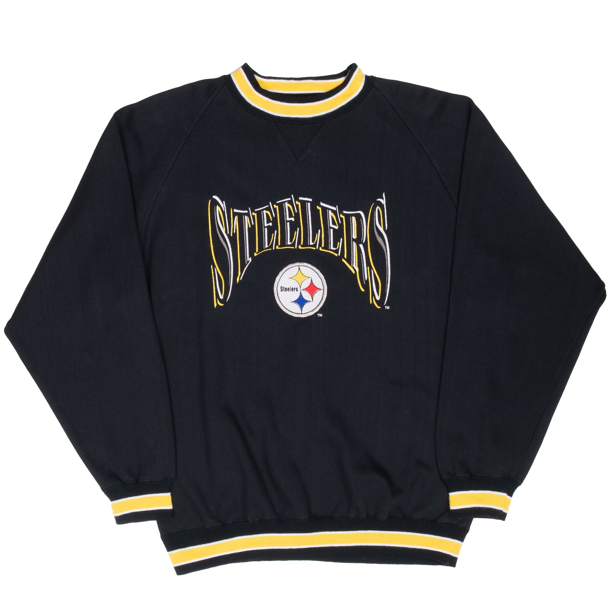 Full front of black Pittsburgh Steelers sweatshirt with striped collar, cuffs, and hem