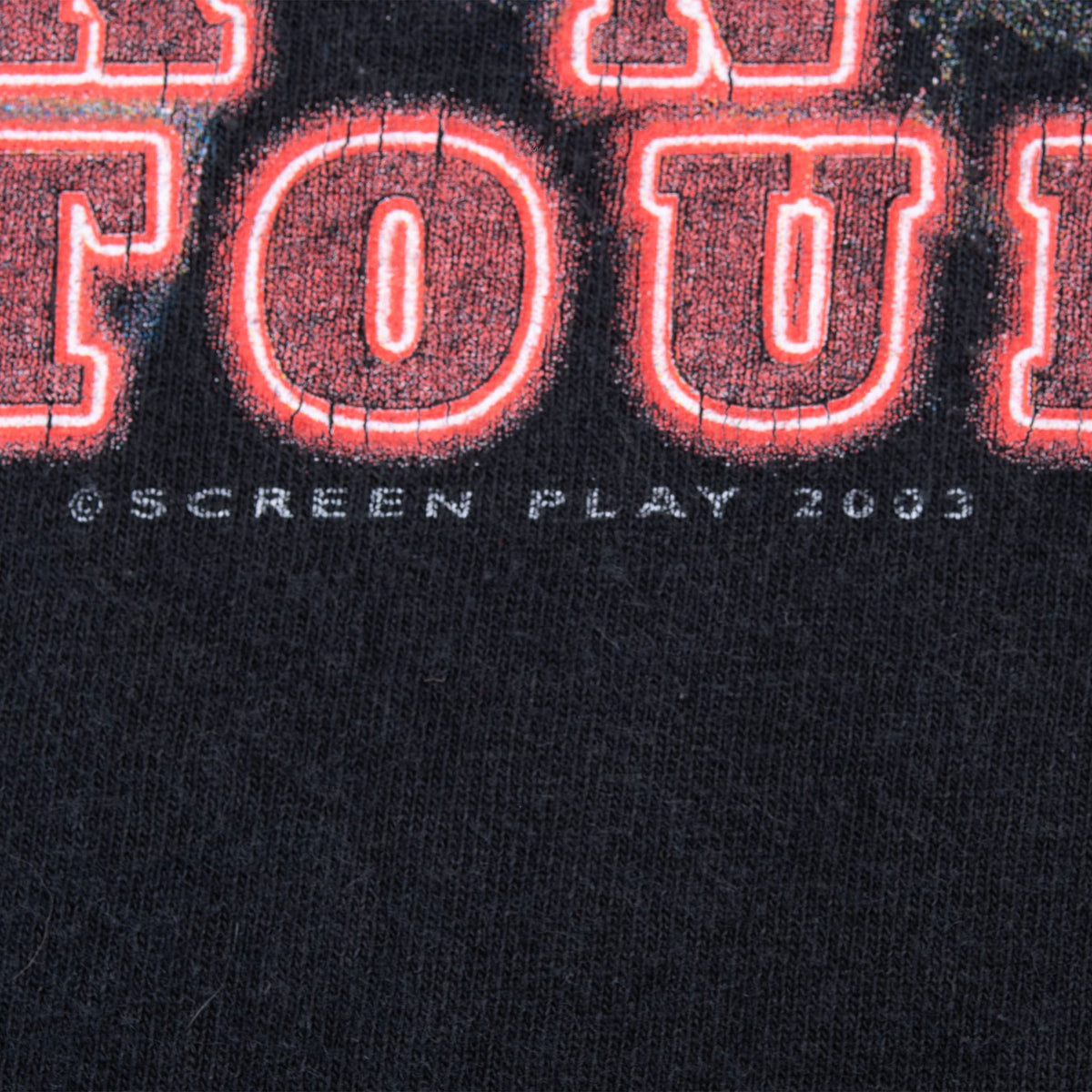 Close-up of back print showing Screen Play 2003 copyright beneath red tour lettering