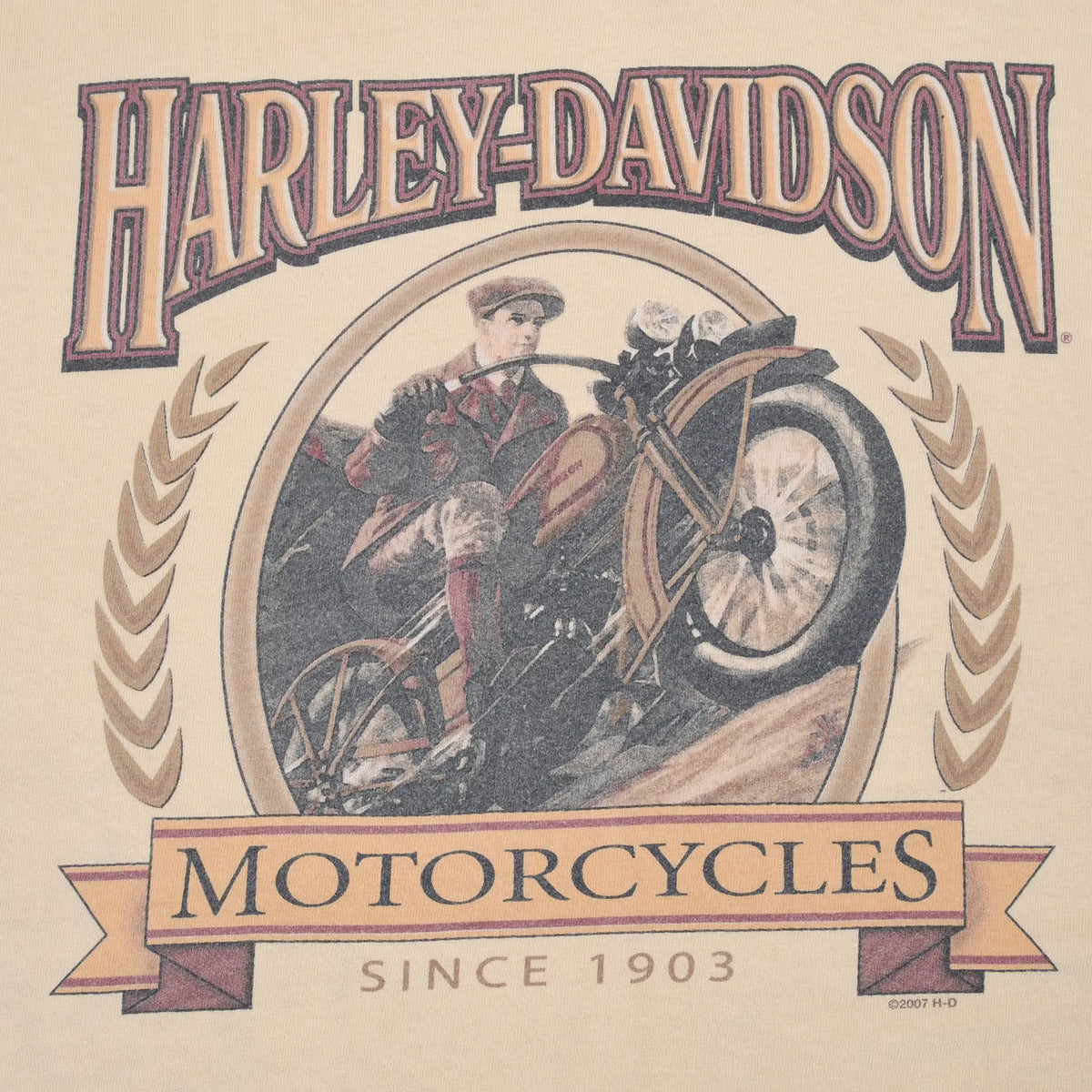 Close-up of Harley-Davidson motorcyclist front print with Motorcycles Since 1903 banner