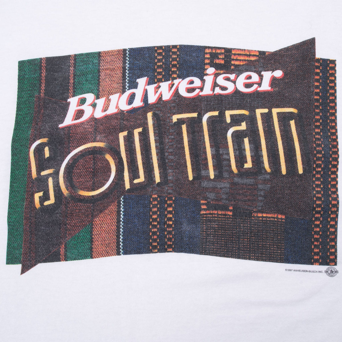 Close-up of multicolor Budweiser Soul Train geometric front print