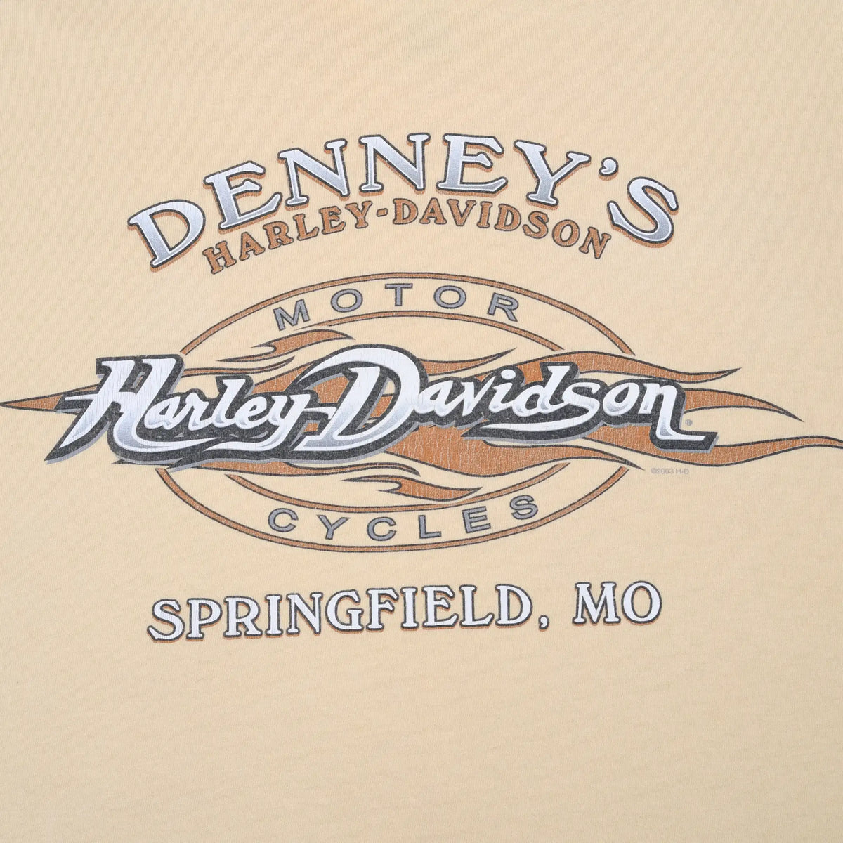 Close-up of Denney's Harley-Davidson Springfield, MO back print