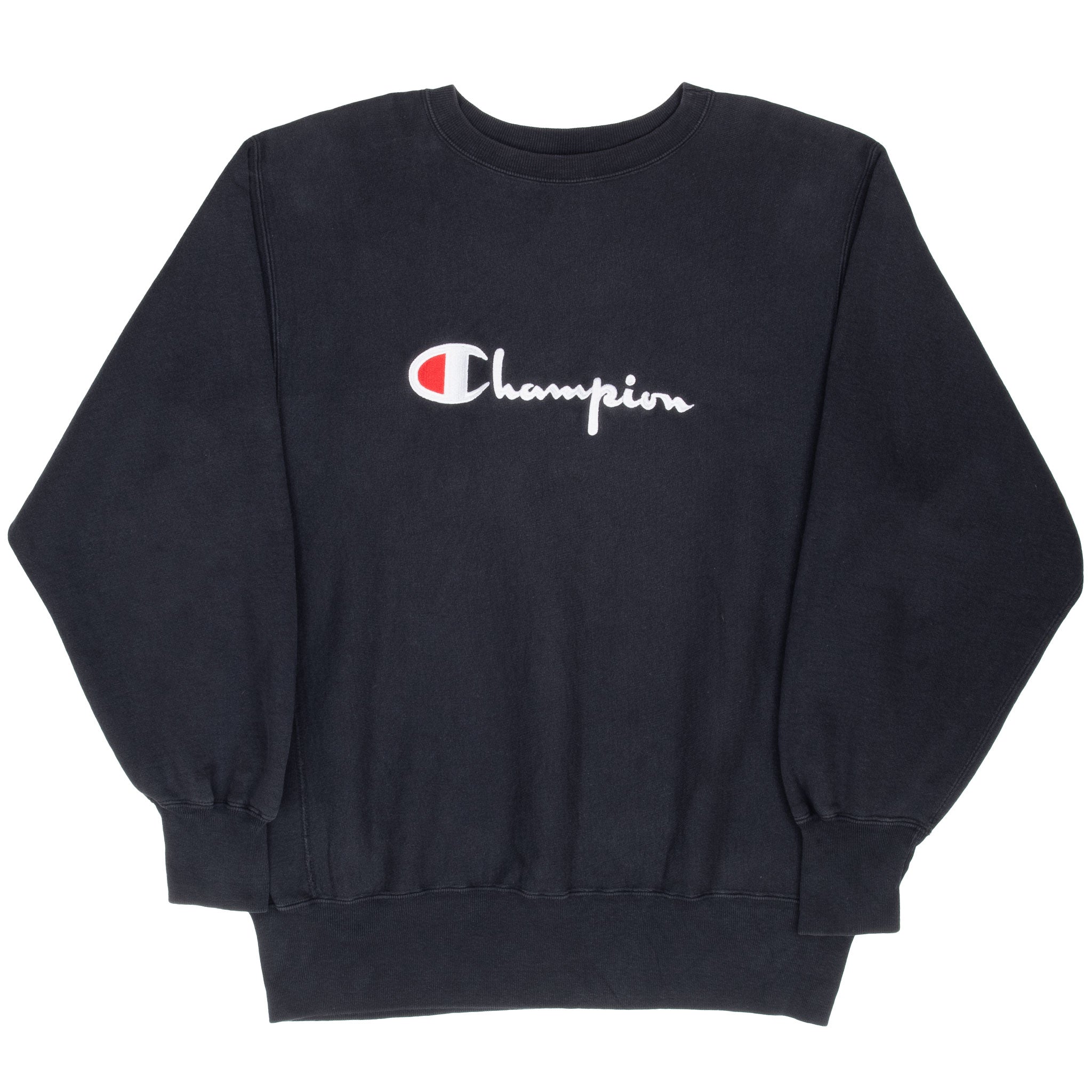 Full front view of black Champion Reverse Weave sweatshirt with chest logo