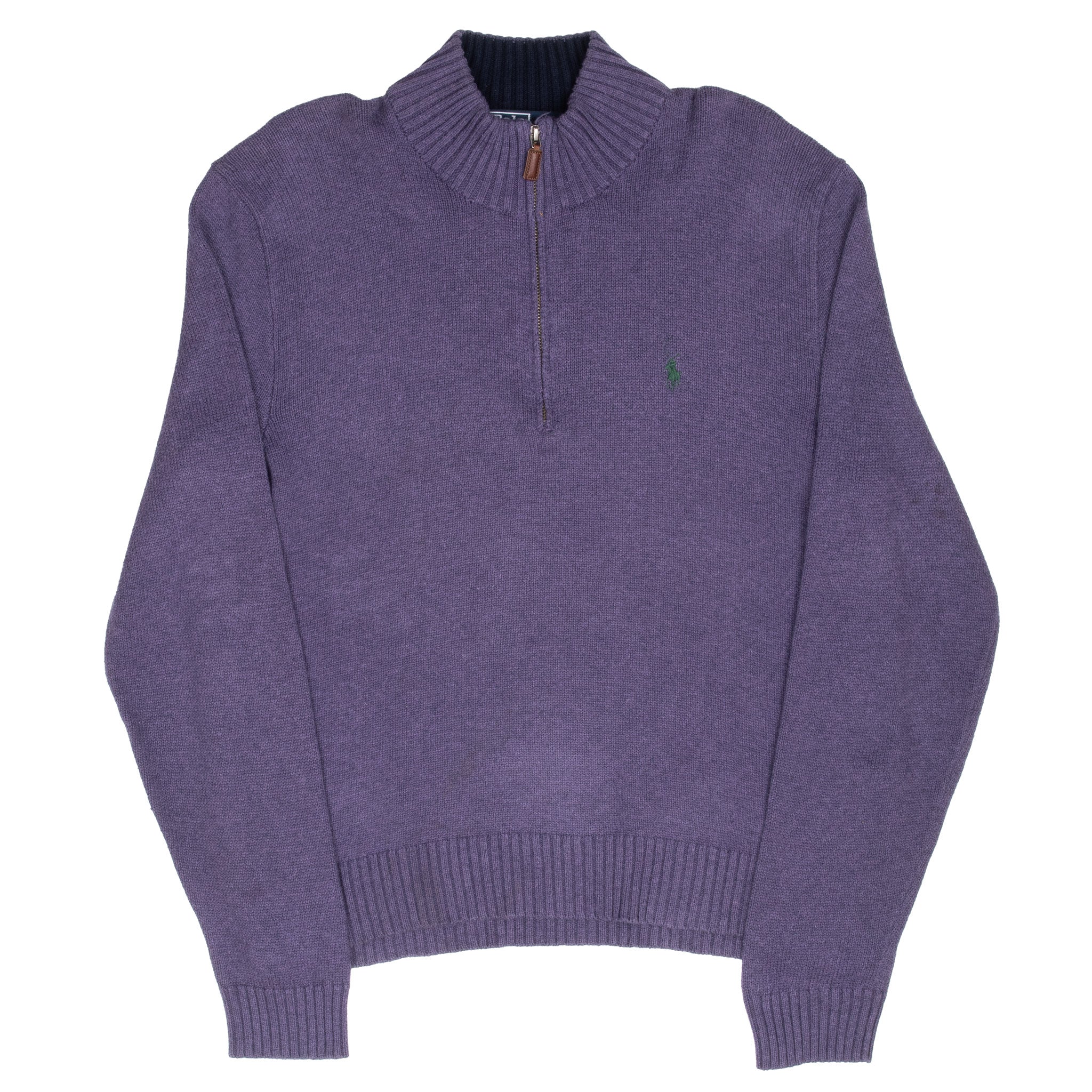 Full front view of purple Polo Ralph Lauren knit quarter-zip sweater