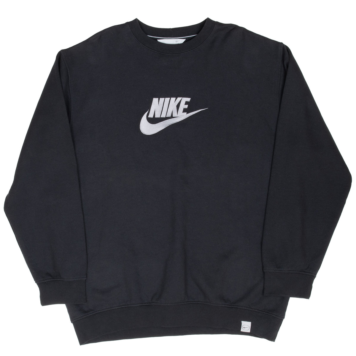 Full front view of black Nike crewneck sweatshirt with white Swoosh logo
