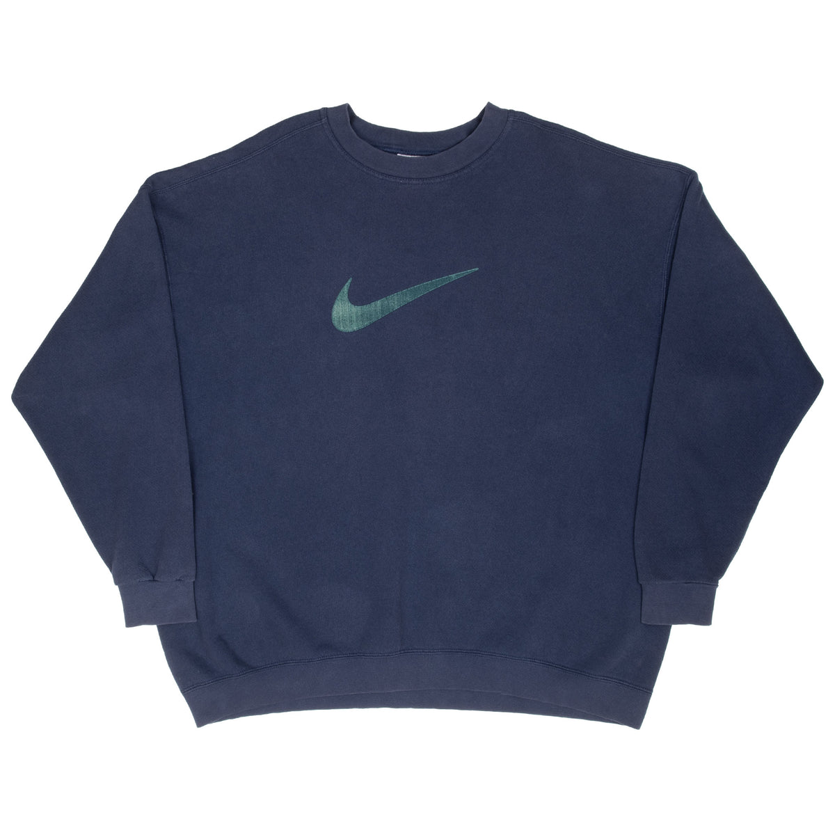 Full front view of navy blue Nike crewneck sweatshirt with green Swoosh