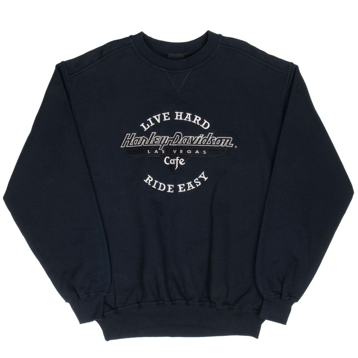 Full front view of black Harley-Davidson Cafe Las Vegas embroidered sweatshirt