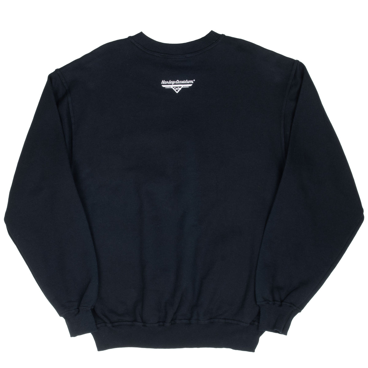 Back of black Harley-Davidson sweatshirt with small embroidered neck logo