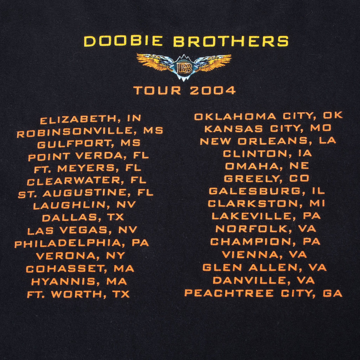 Close-up of Doobie Brothers Tour 2004 back print with logo and two-column city list