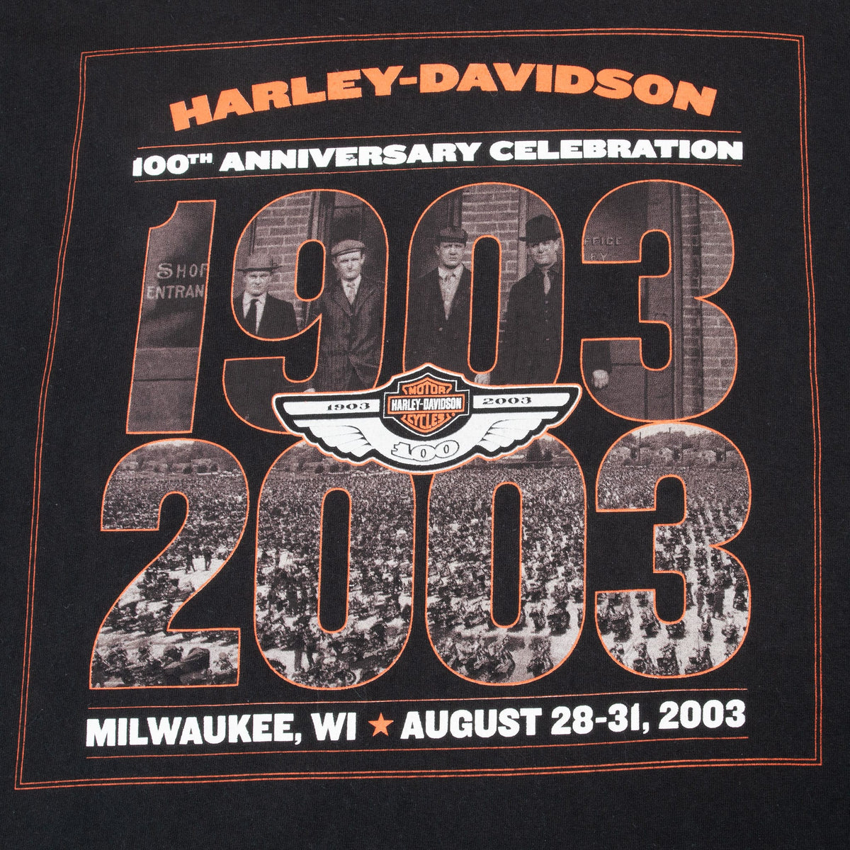 Close-up of Harley-Davidson 100th Anniversary Milwaukee event back print