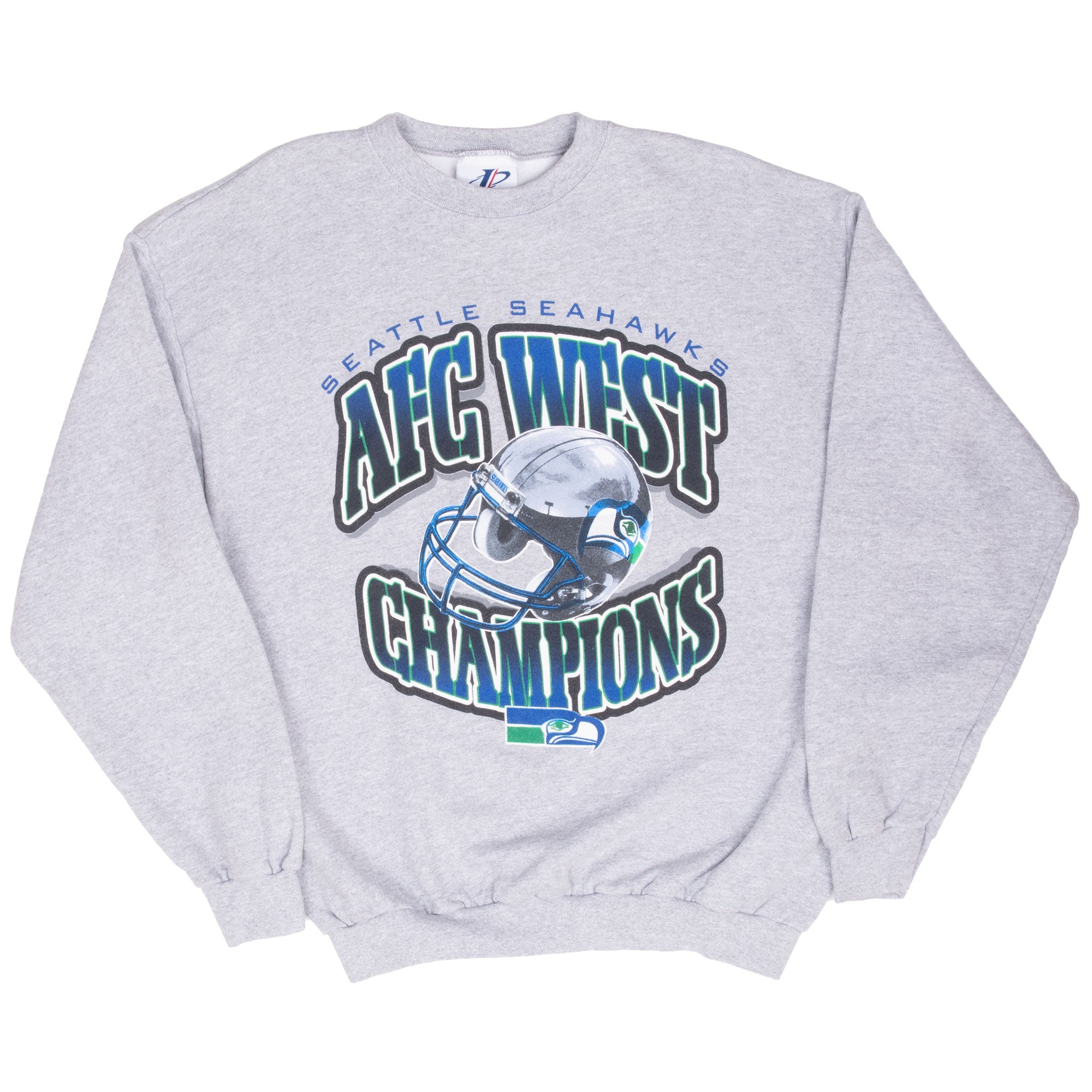 Full front view of gray Seattle Seahawks AFC West Champions crewneck sweatshirt
