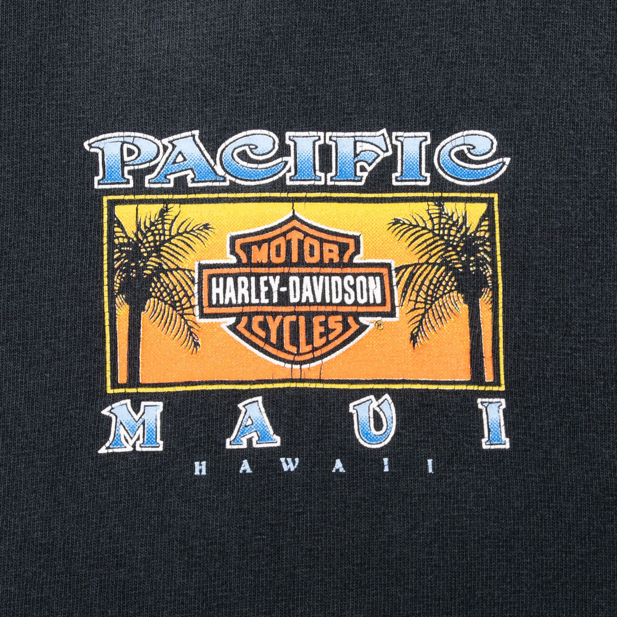 Pacific Harley-Davidson Maui Hawaii chest print with palm trees and bar-and-shield logo