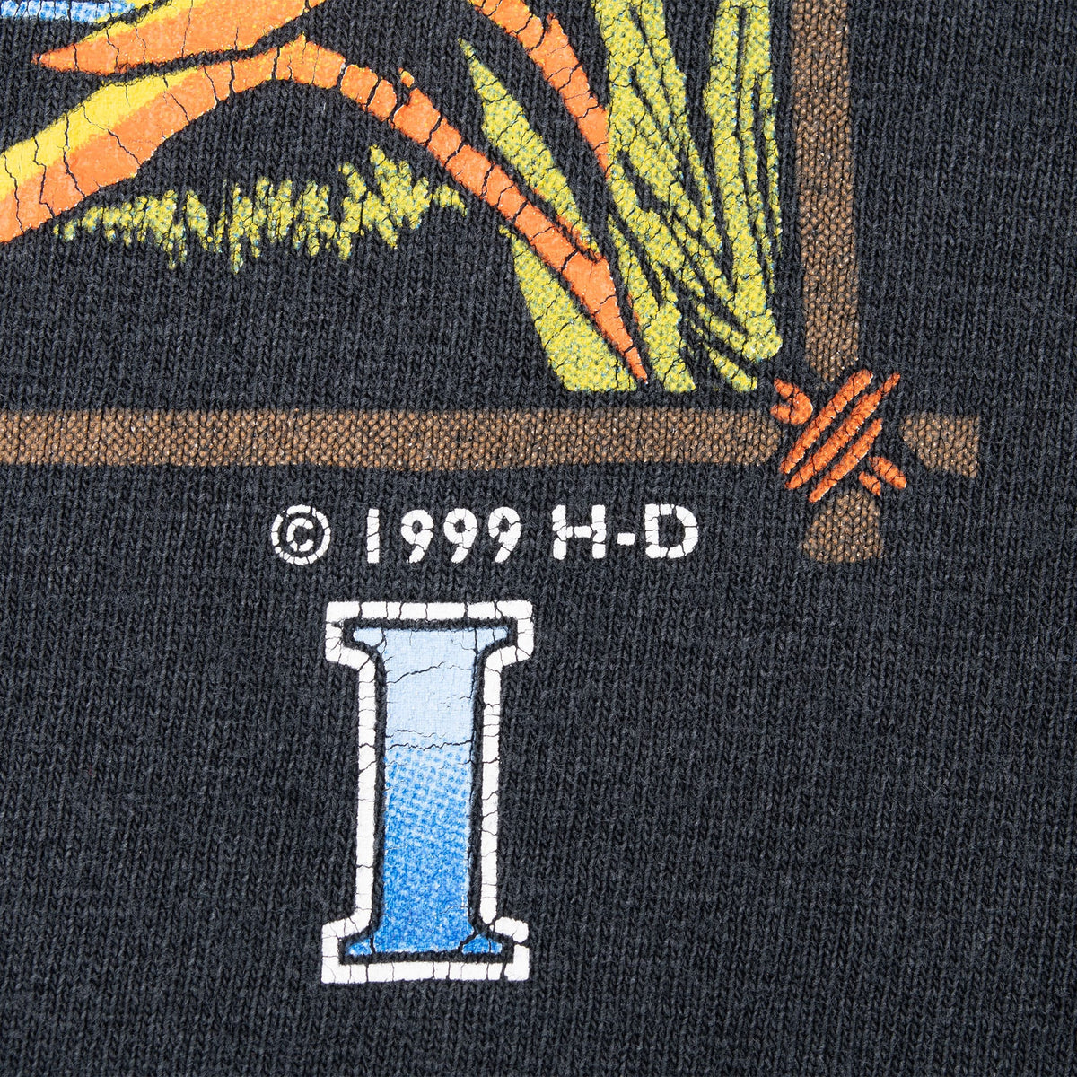 Close-up of 1999 H-D copyright mark and printed letter on back graphic