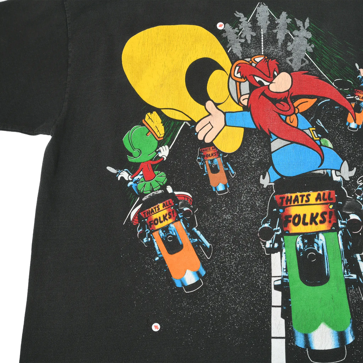 Back print detail showing Yosemite Sam and Marvin the Martian riding motorcycles