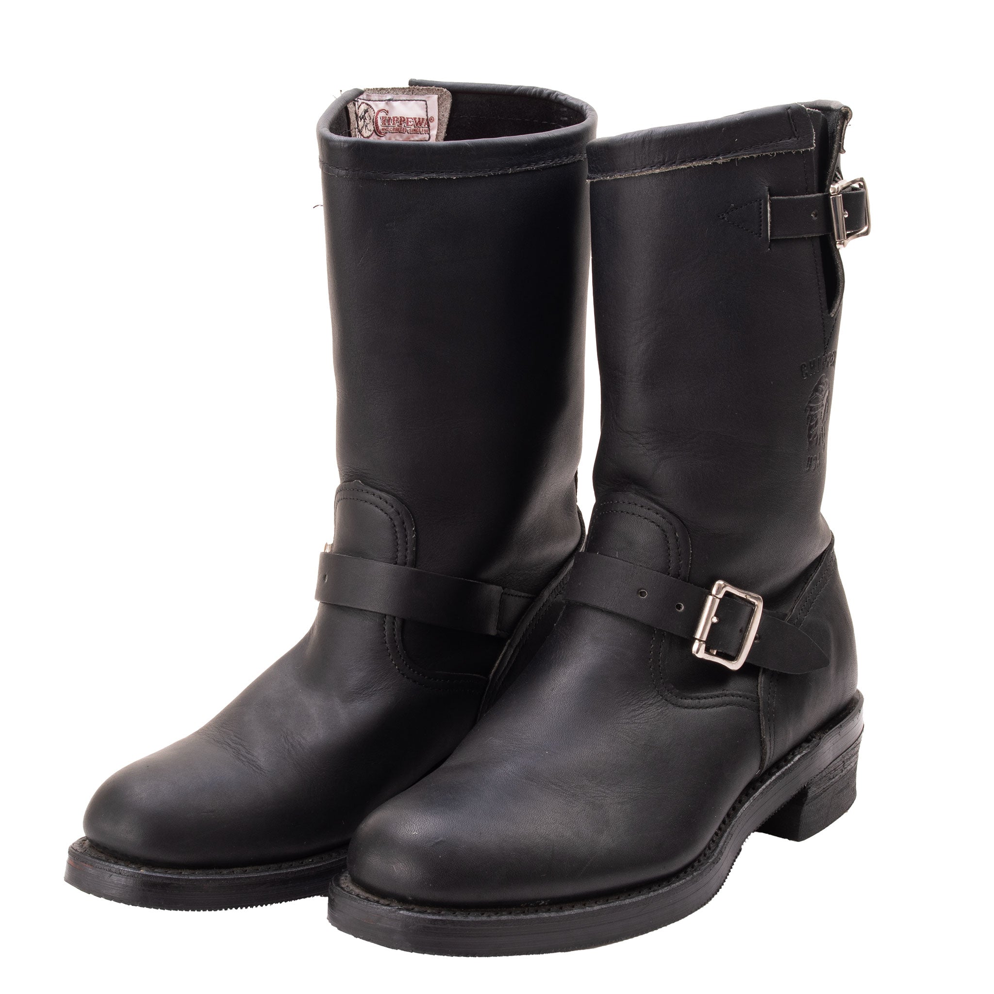 VINTAGE CHIPPEWA STEEL TOE BLACK LEATHER ENGINEER BOOTS SIZE 8.5 MADE IN USA