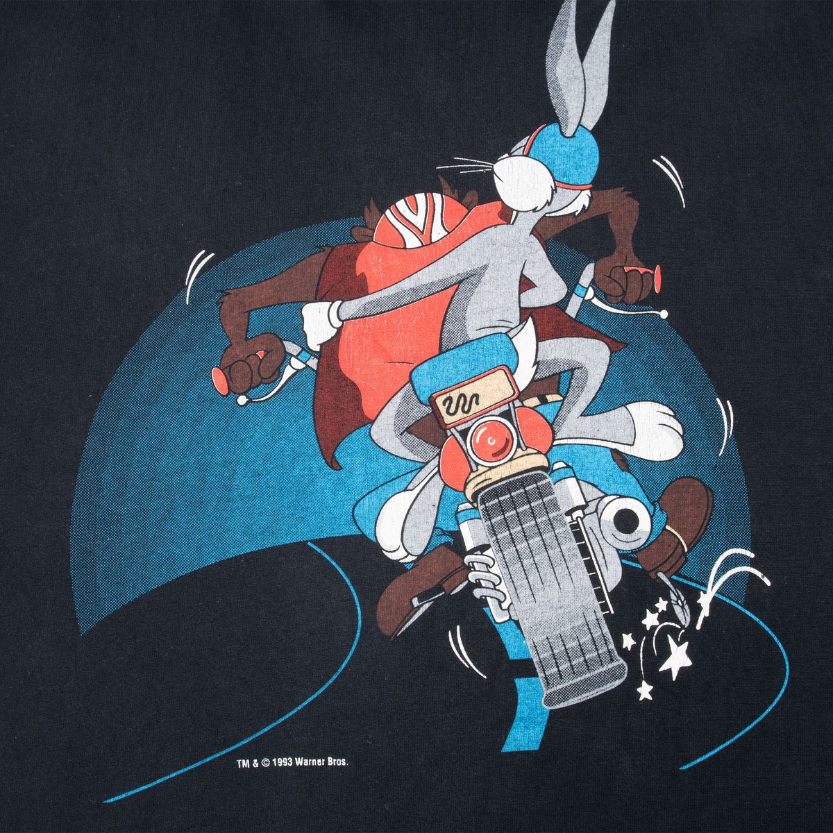 Back graphic detail showing Bugs Bunny and Taz riding a motorcycle