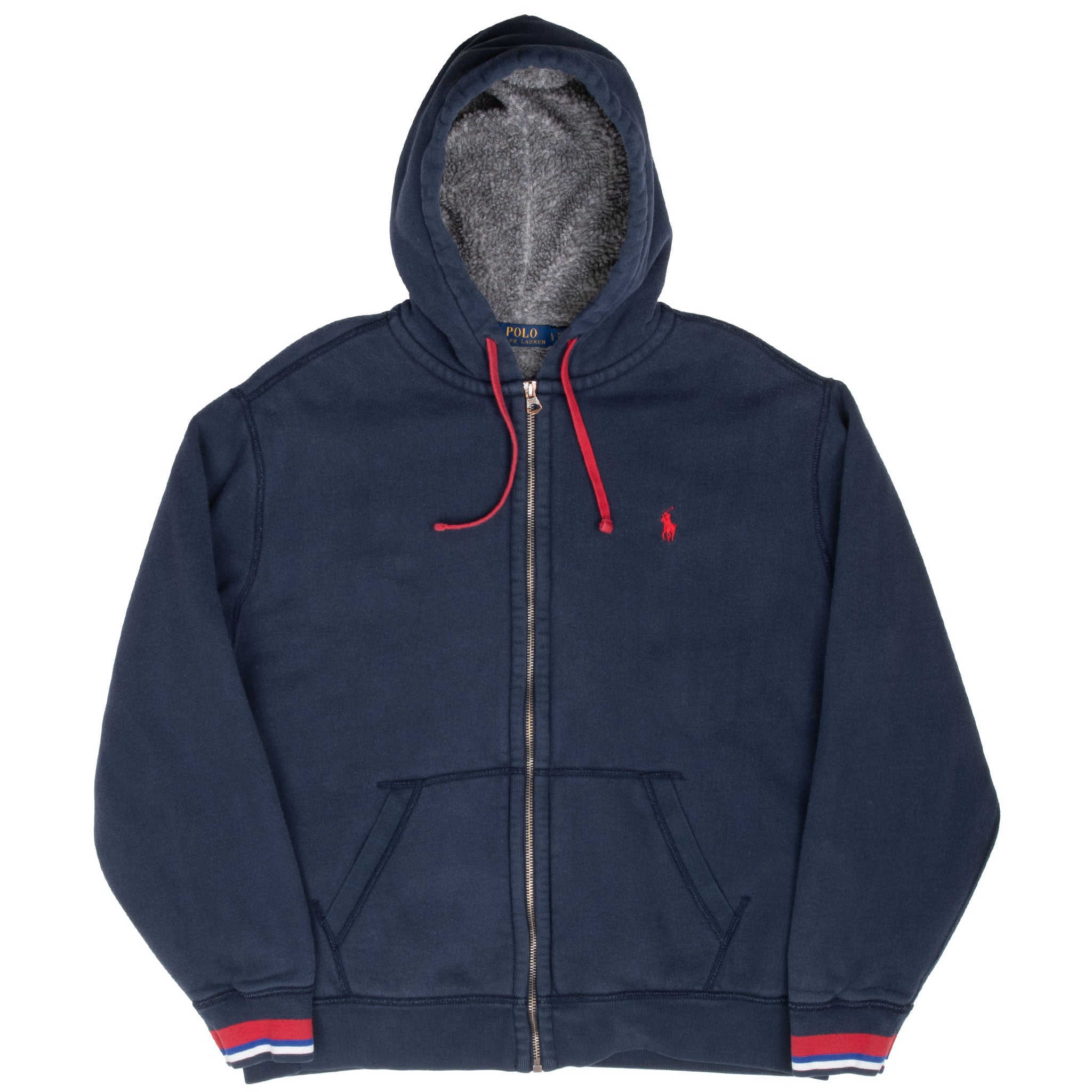 VINTAGE POLO RALPH LAUREN BLUE SHERPA LINED FULL ZIP HOODIE SWEATSHIRT LARGE