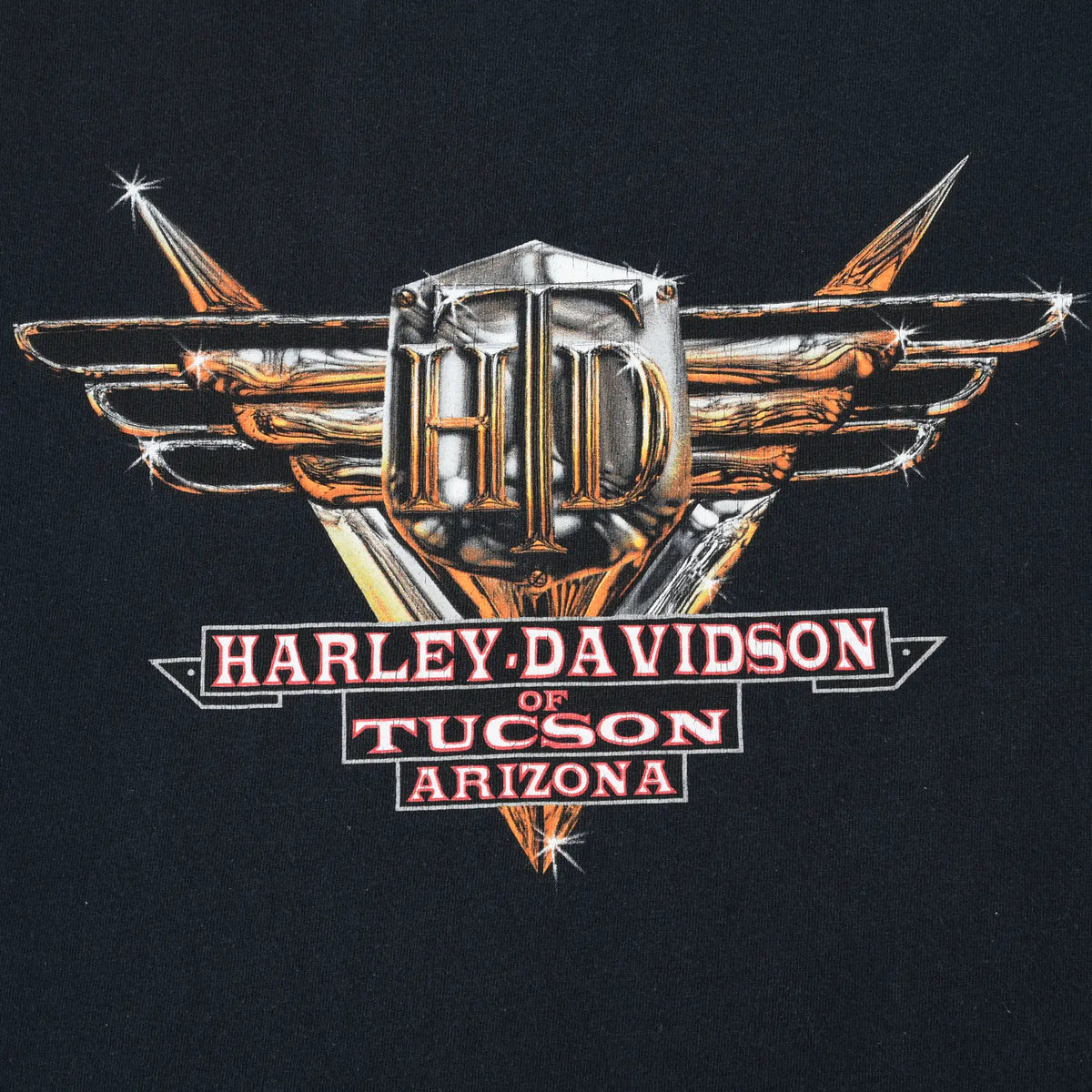 Close-up of winged Harley-Davidson of Tucson, Arizona back graphic