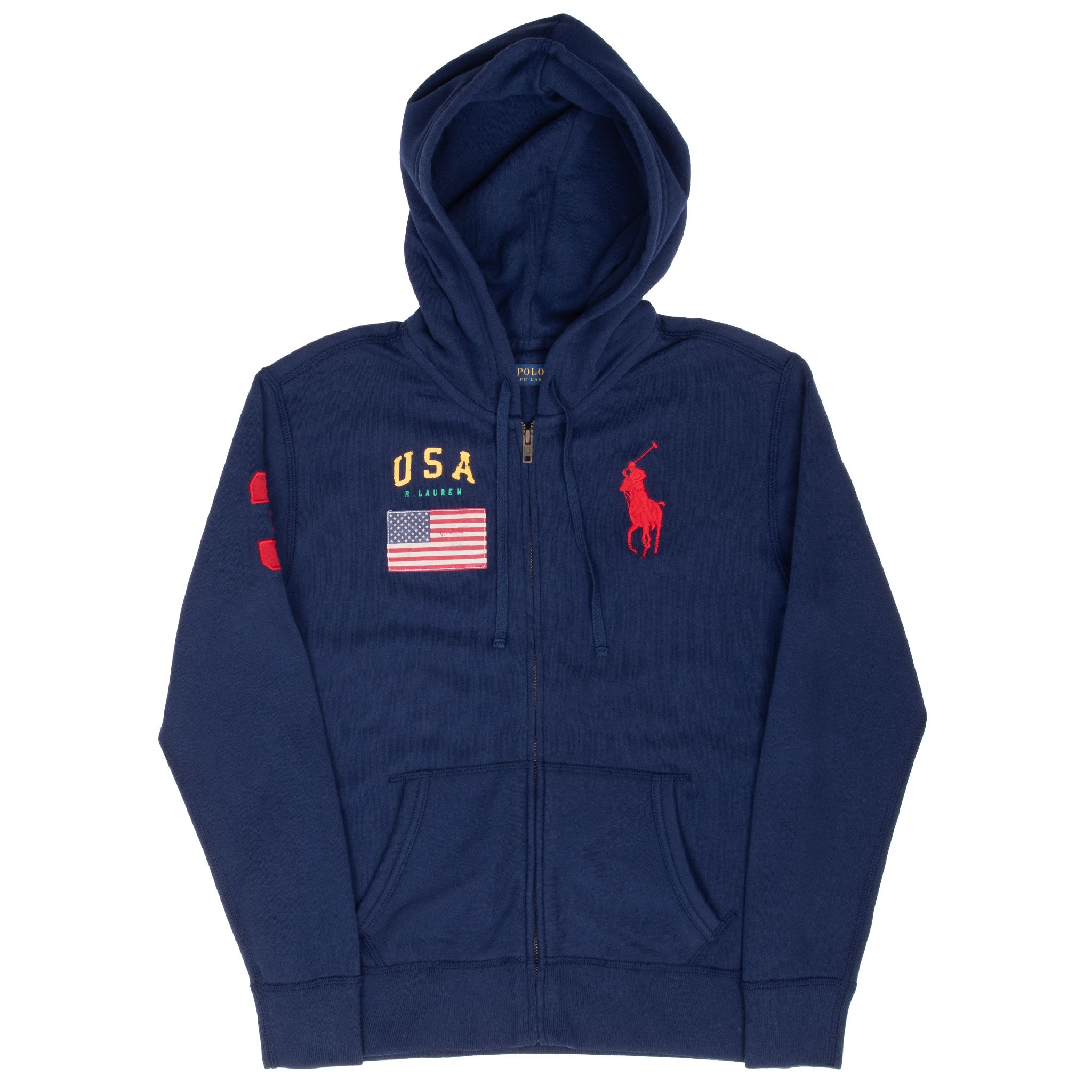 VINTAGE RALPH LAUREN USA BIG HORSE ZIP UP BLUE HOODIE SWEATSHIRT SMALL