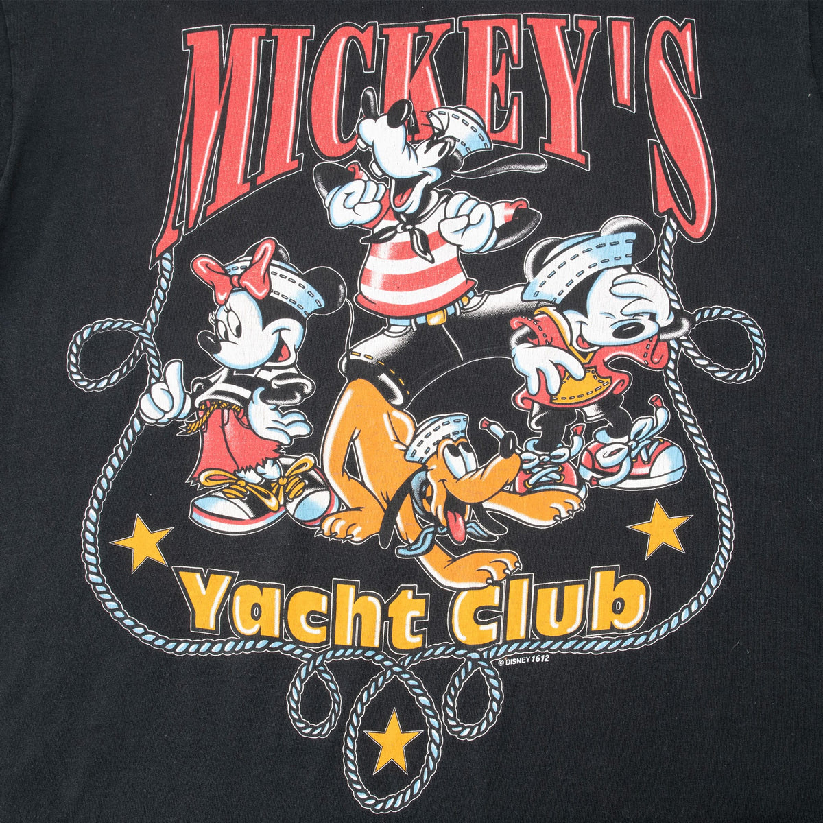 Mickey's Yacht Club print with Minnie Mouse, Goofy, Pluto, rope and stars
