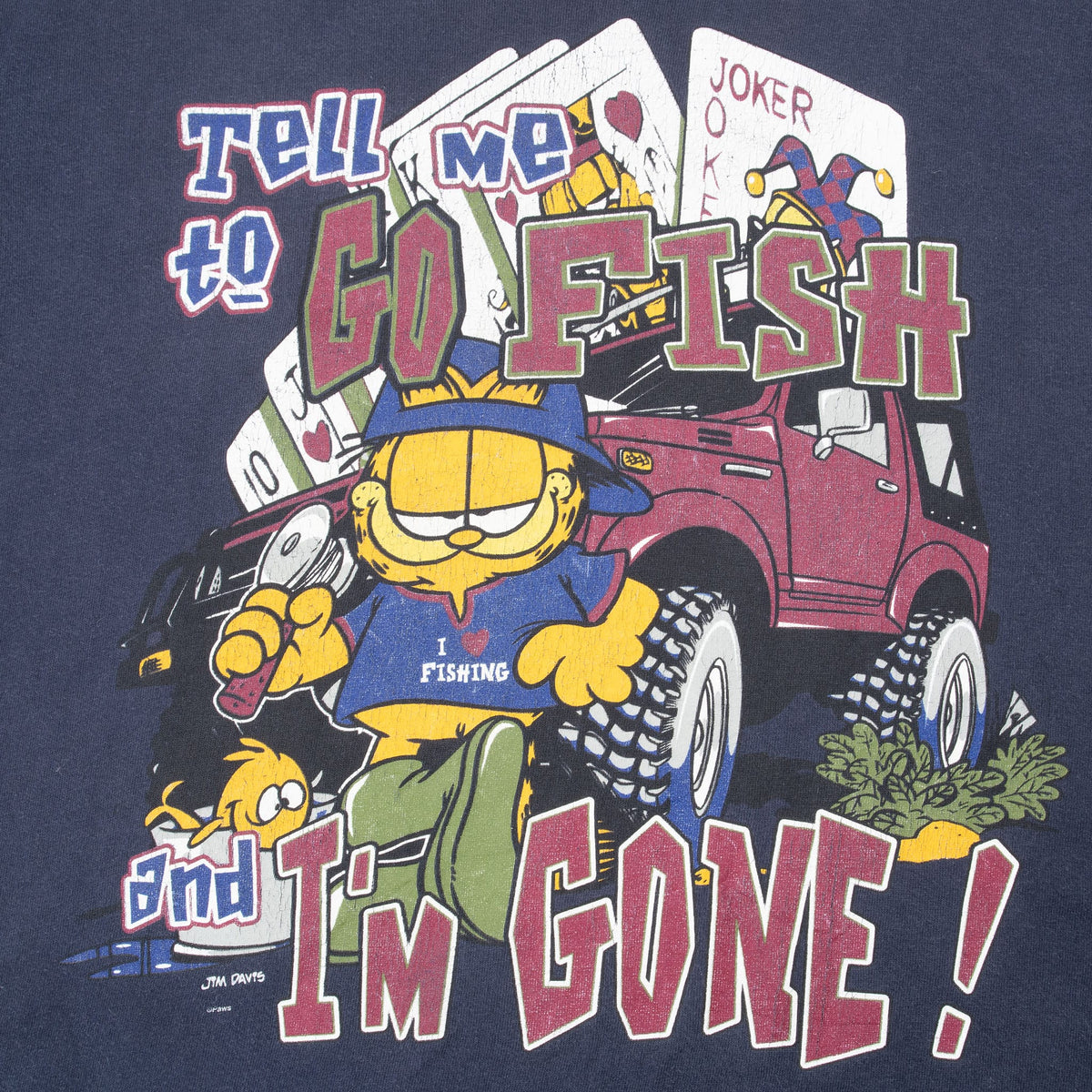 Garfield fishing graphic with playing cards, off-road vehicle and slogan