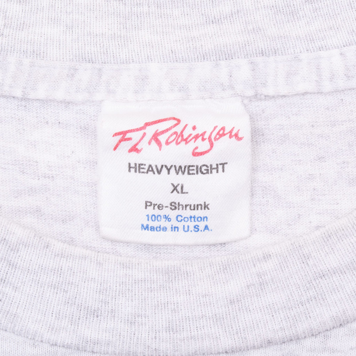 T.J. Robinson Heavyweight XL neck tag showing 100% cotton and made in USA text