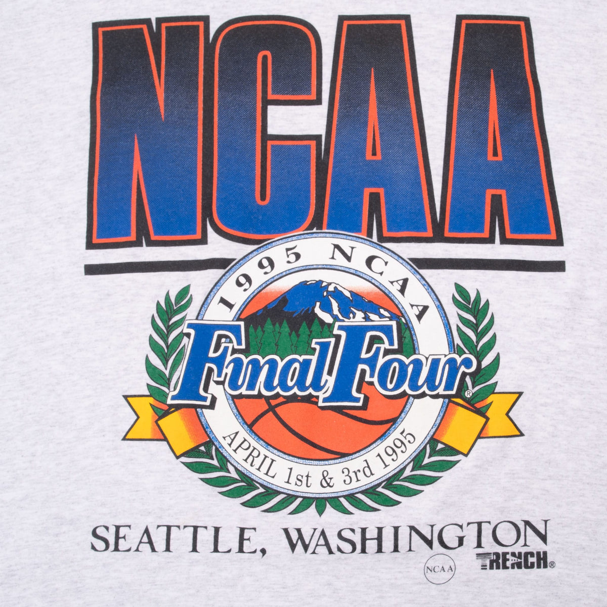 Close-up of NCAA 1995 Final Four graphic with basketball, mountains, dates and Seattle text