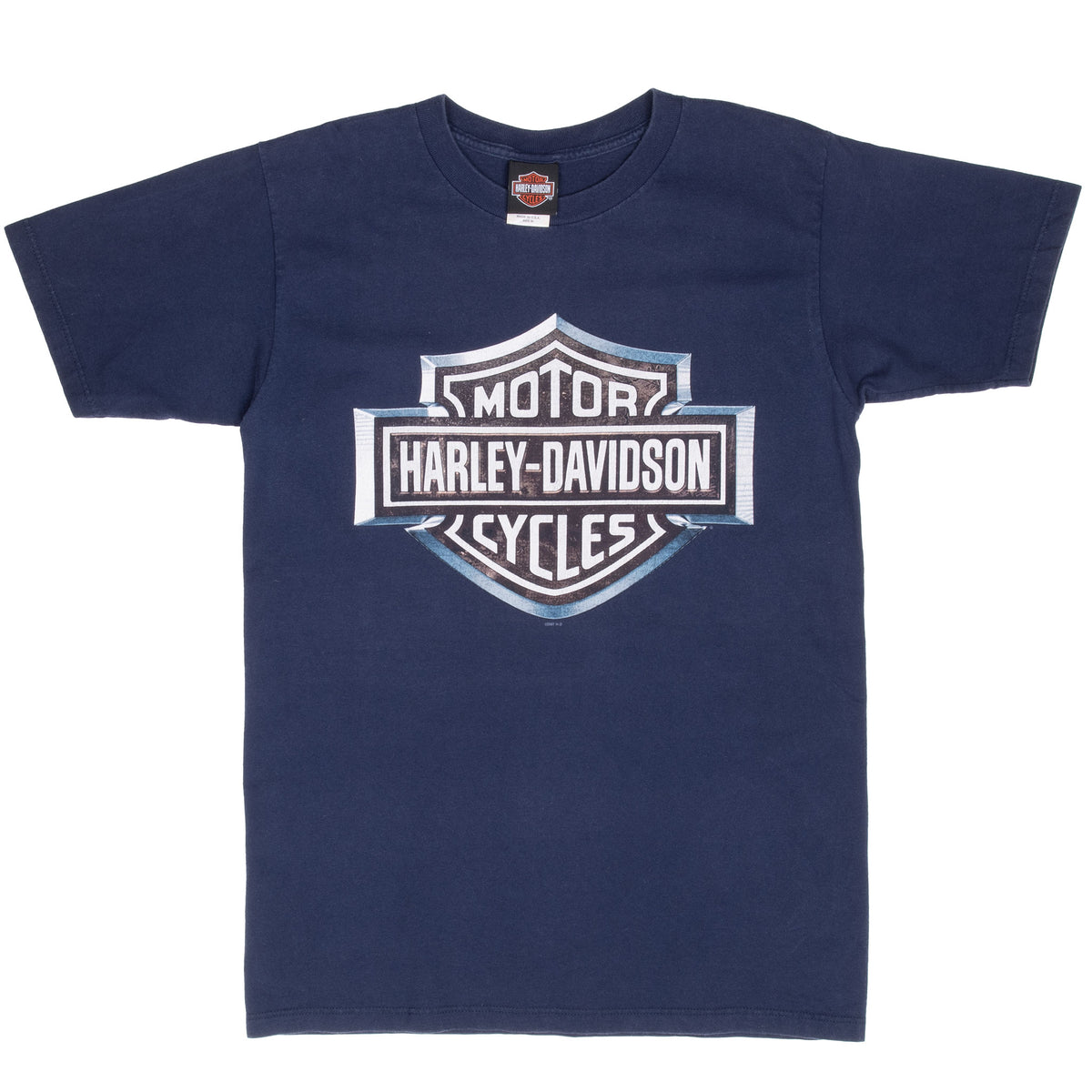 Full front view of navy Harley-Davidson T-shirt with shield logo