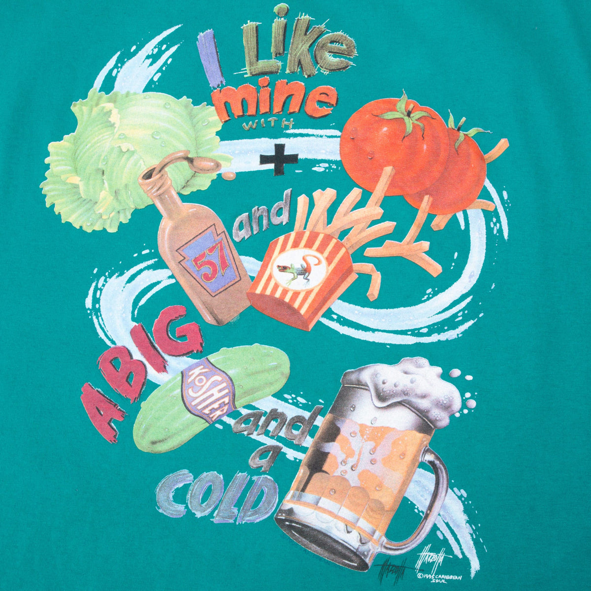 Front graphic detail with lettuce, tomato, fries, pickle, Heinz 57 bottle and draft beer