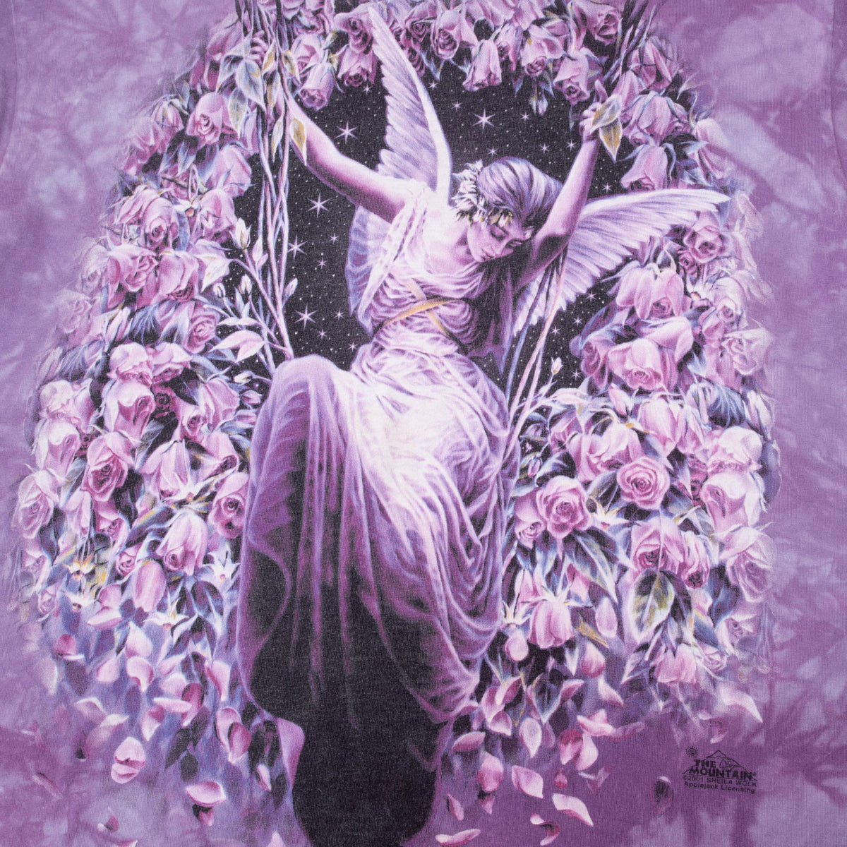 Close-up of winged fairy angel graphic framed by pink and purple flowers and stars
