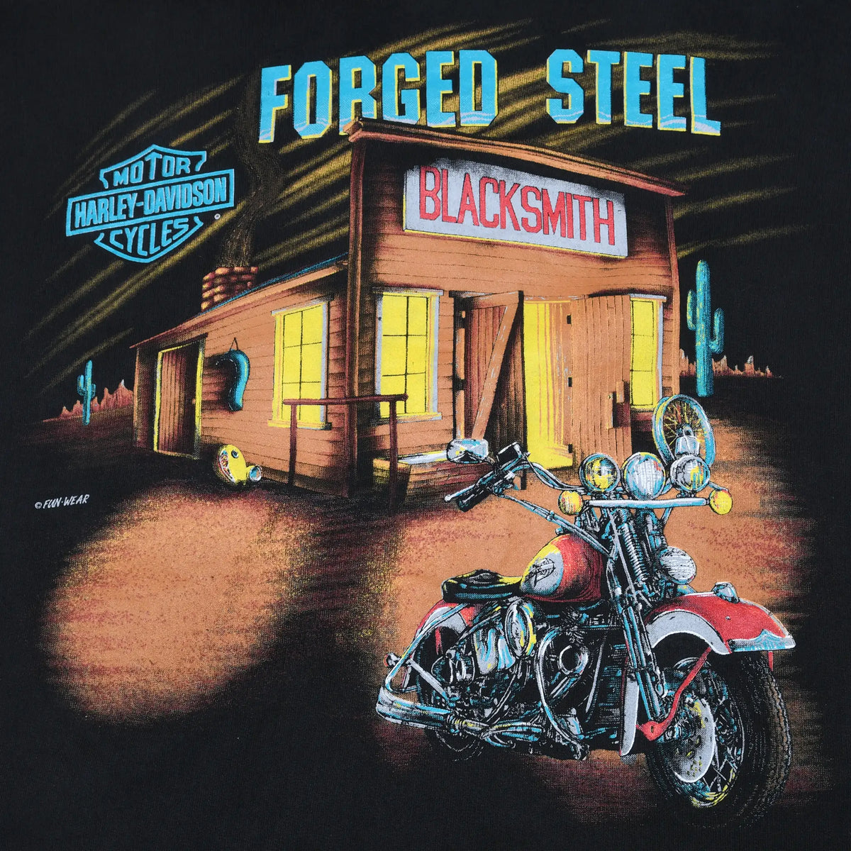 Close-up of Harley-Davidson Forged Steel print with blacksmith shop and red motorcycle