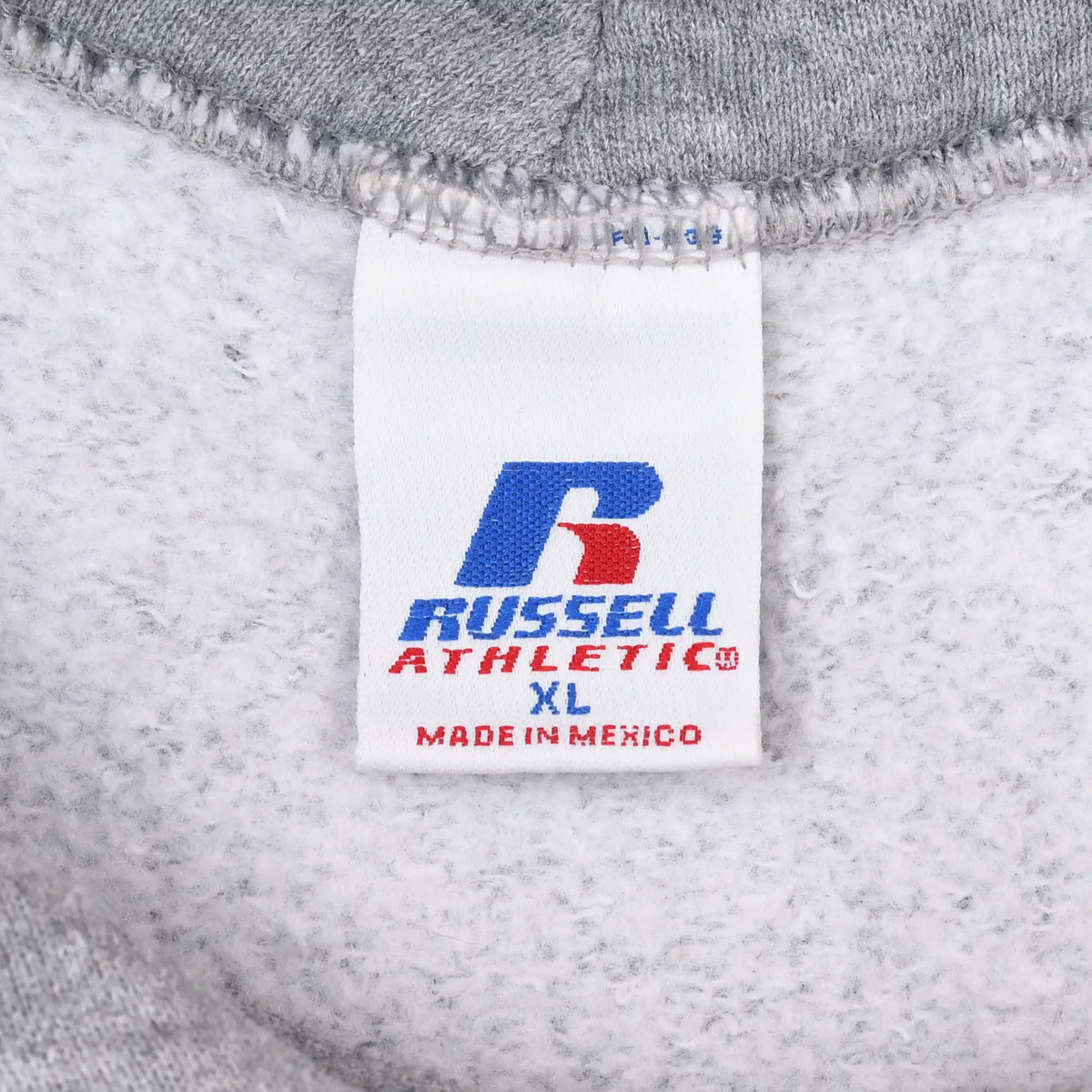 Russell Athletic XL neck tag inside gray hoodie