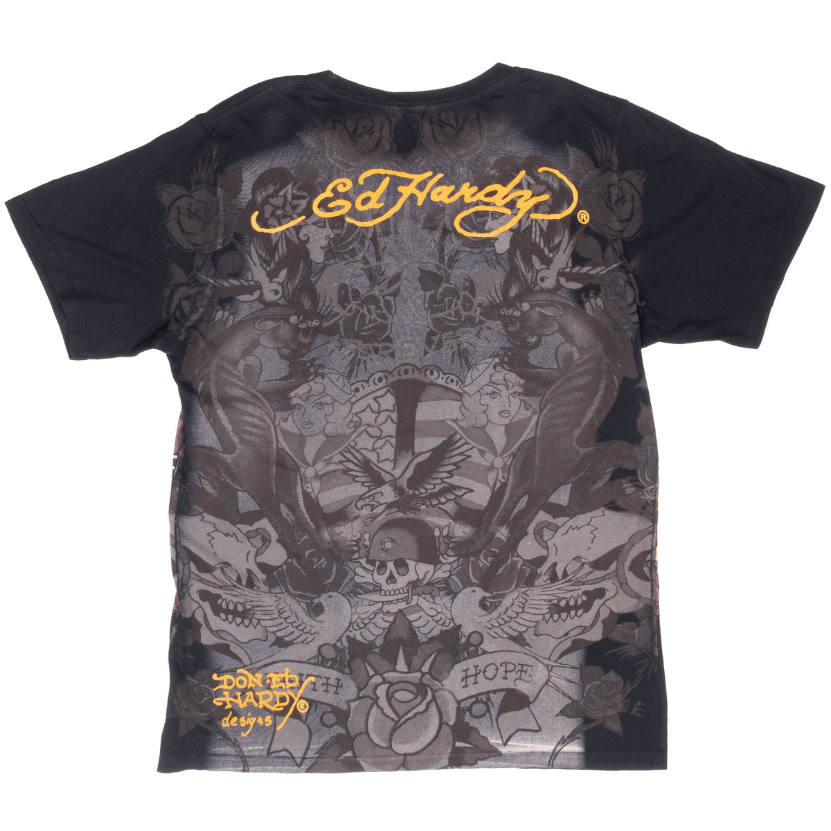 Back of black Ed Hardy tee with tonal tattoo-style print and orange logo