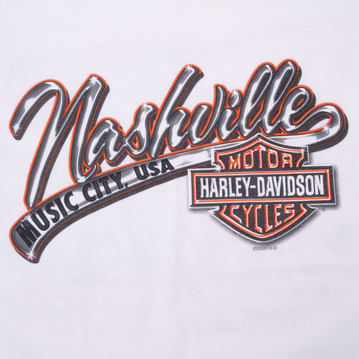 Close-up of Nashville Music City USA and Harley-Davidson front graphic