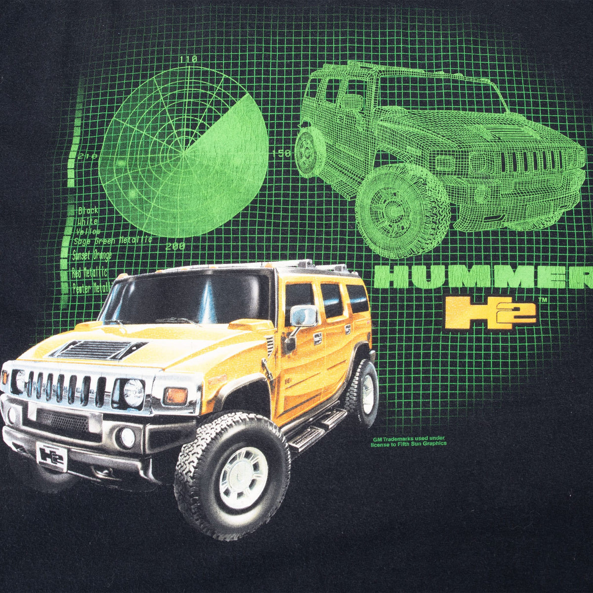 Back graphic detail with orange Hummer H2, green wireframe SUV and grid