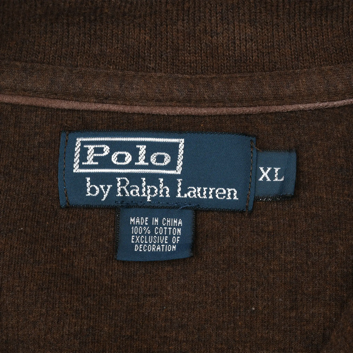 Polo by Ralph Lauren XL neck label and care tag inside brown sweater