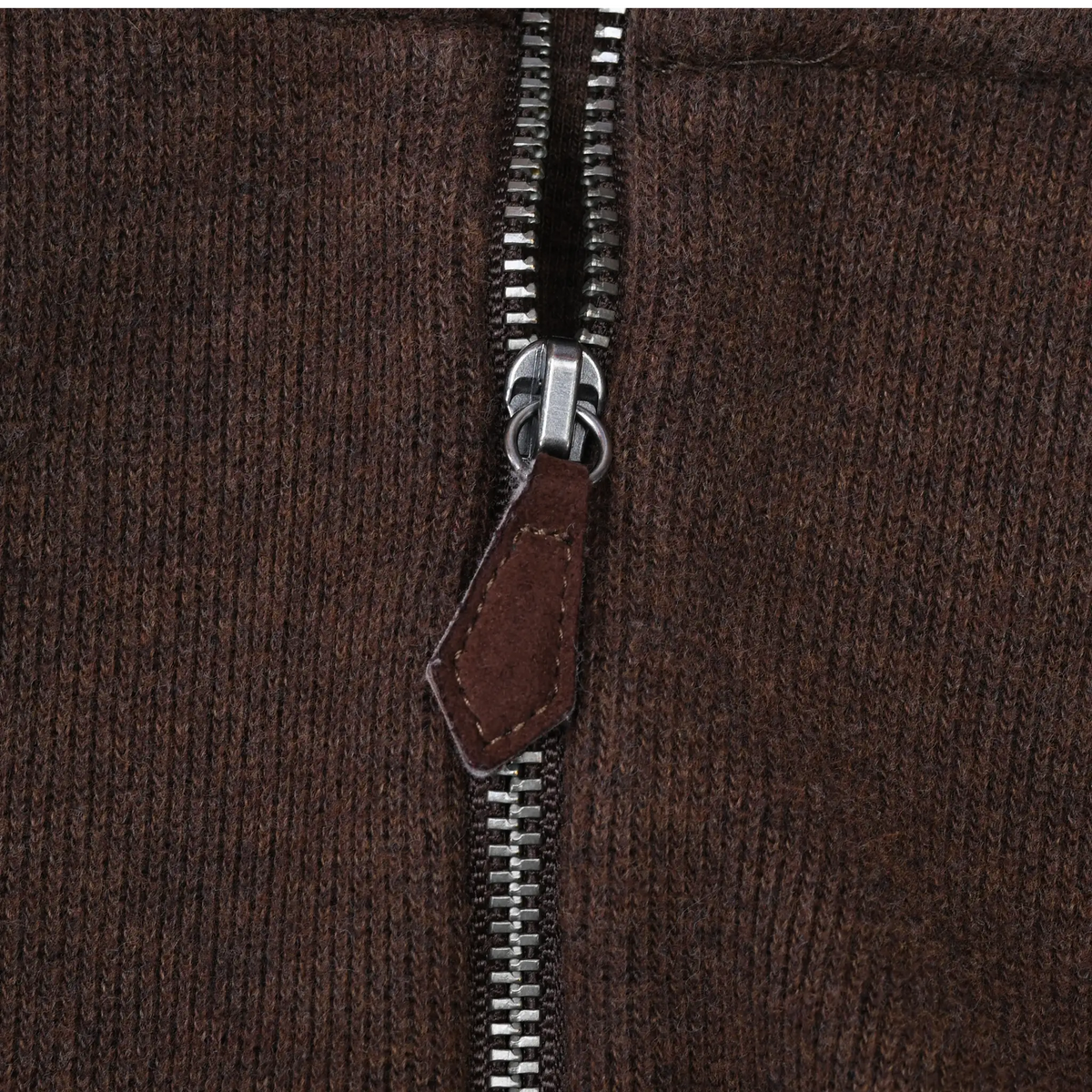 Close-up of metal quarter-zip closure and brown pull tab on sweater