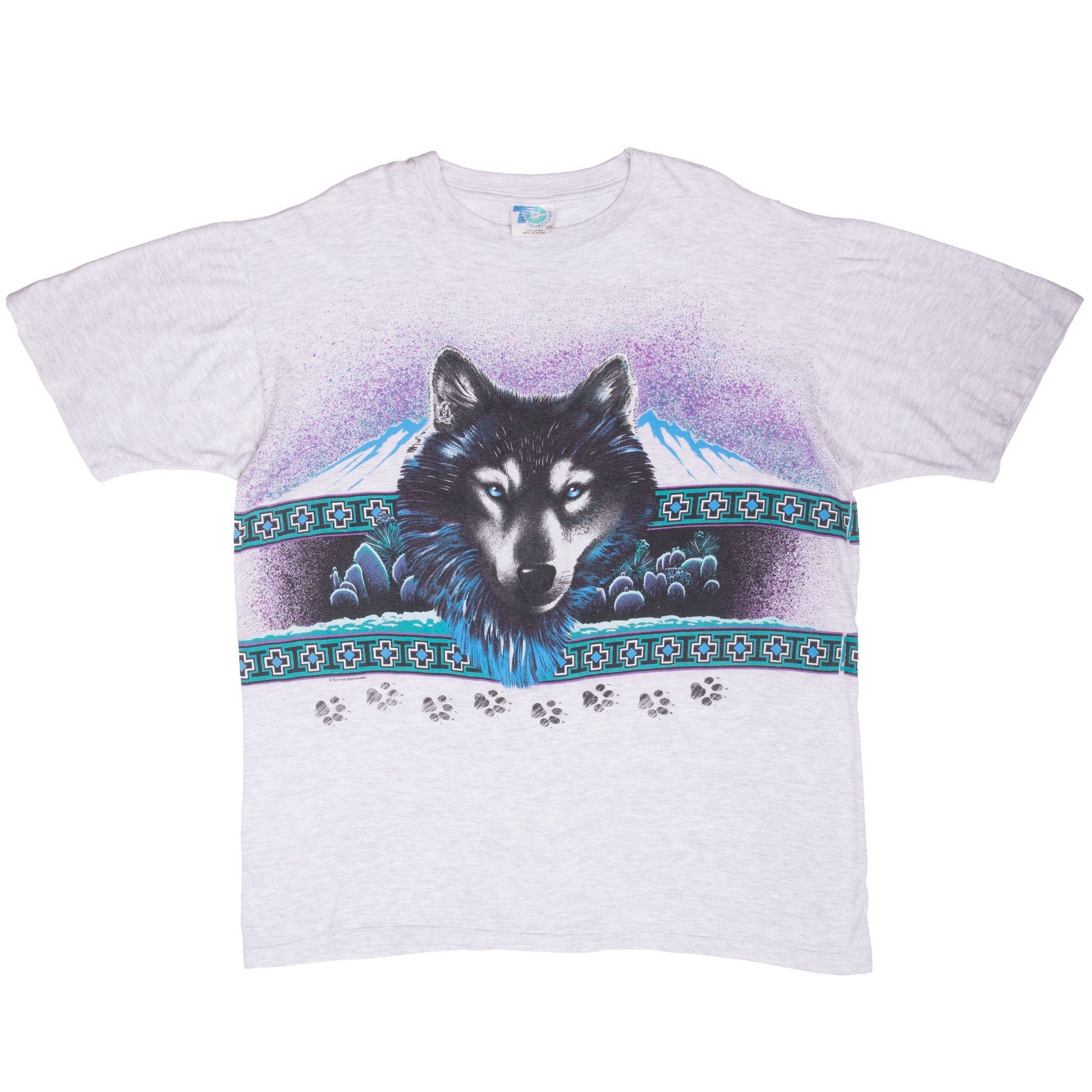 Vintage Wolf Animal Print Grey Tee Shirt 1990S Size 2XL With Single Stitch Sleeves
