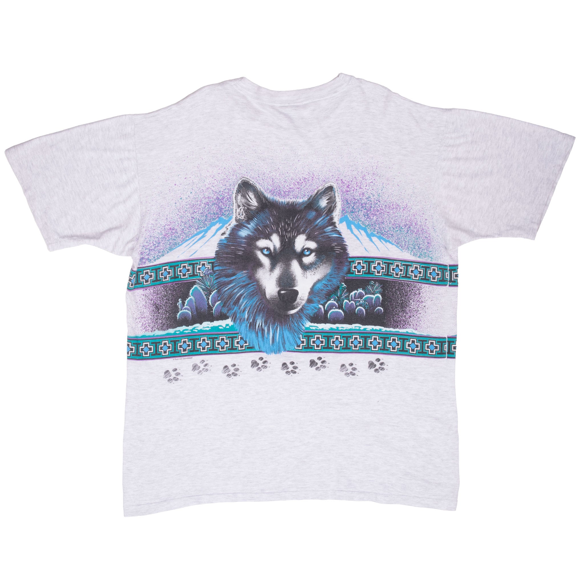 Vintage Wolf Animal Print Grey Tee Shirt 1990S Size 2XL With Single Stitch Sleeves