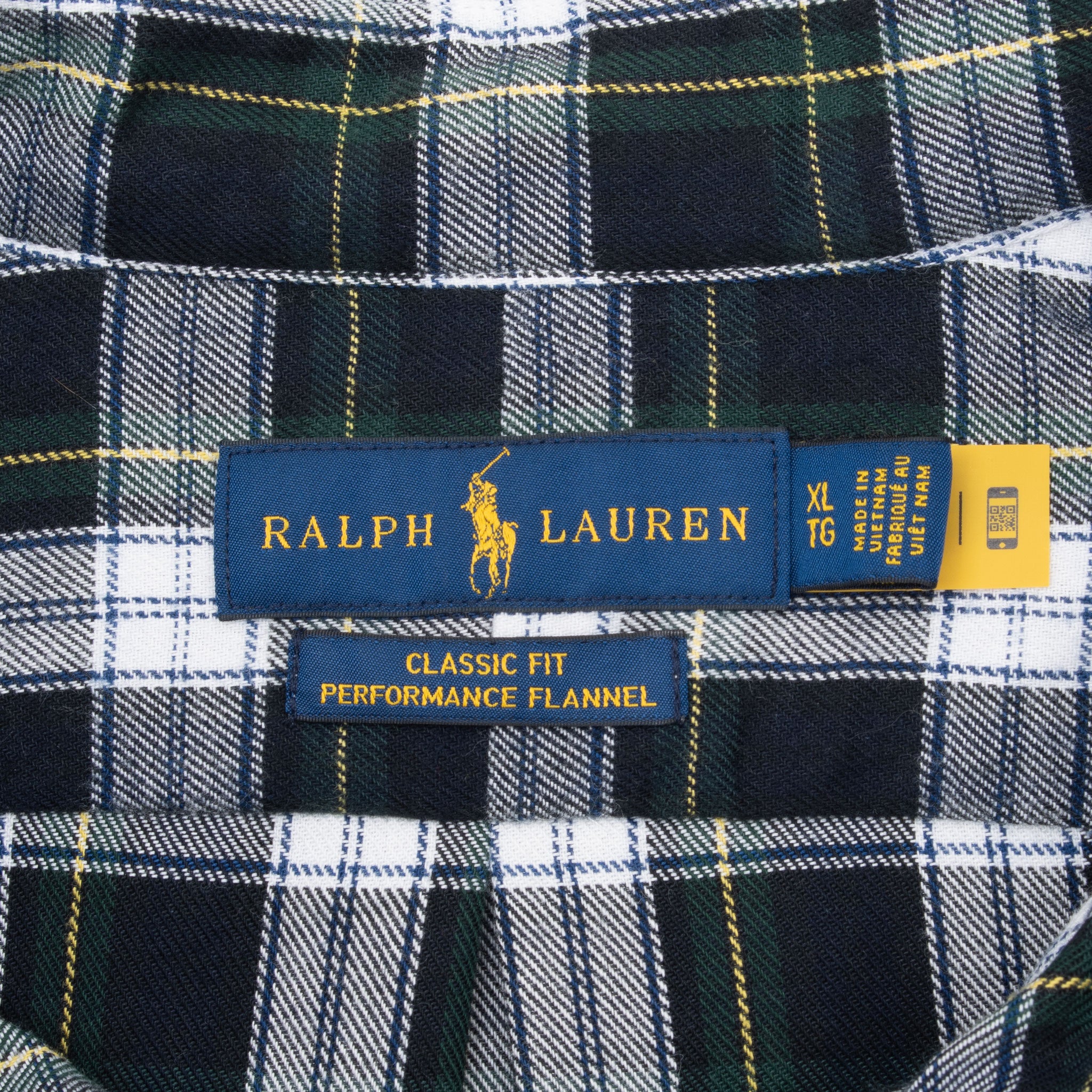 Ralph Lauren XL Classic Fit Performance Flannel neck labels on plaid fabric