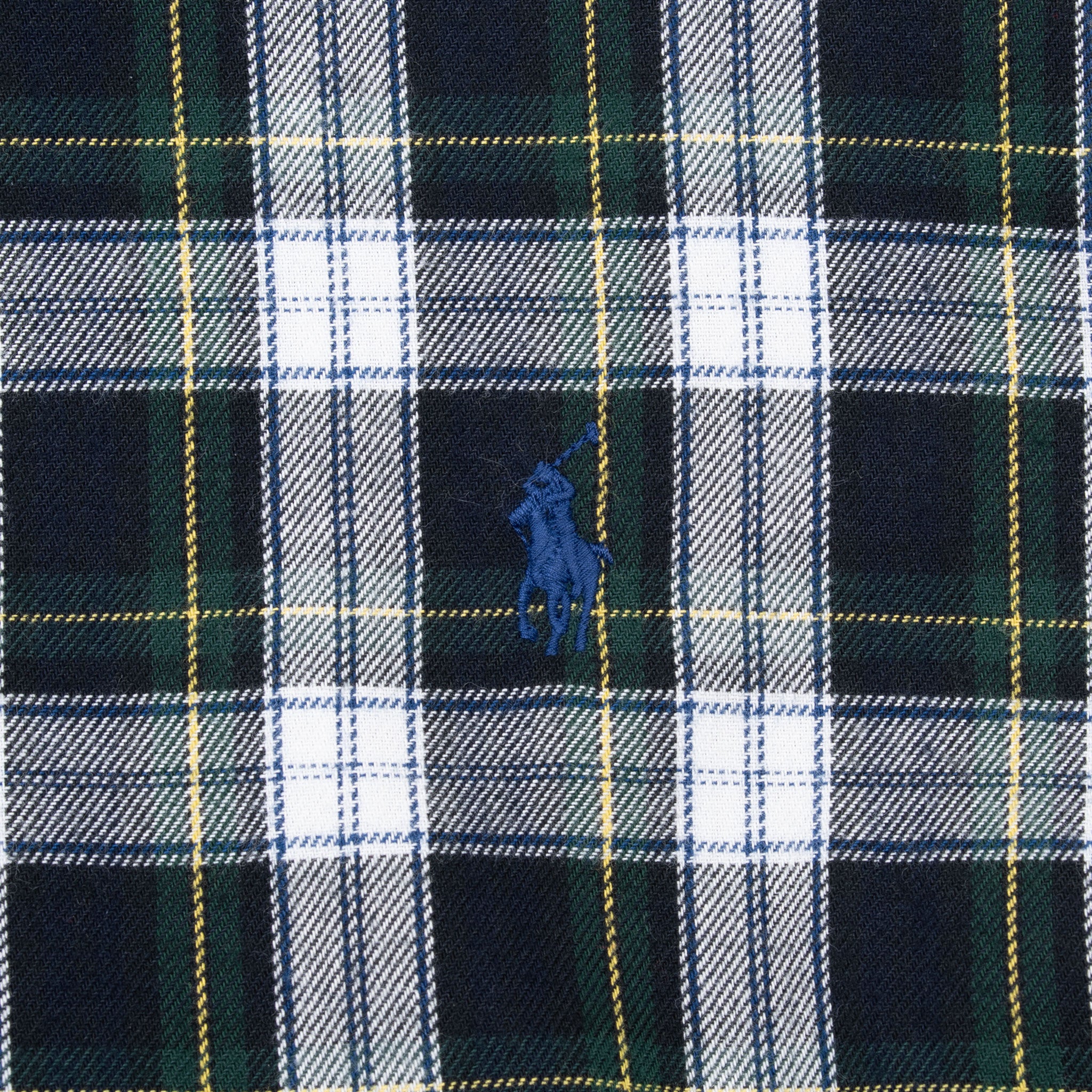 Blue Ralph Lauren polo player embroidery on navy, green, white, and yellow plaid