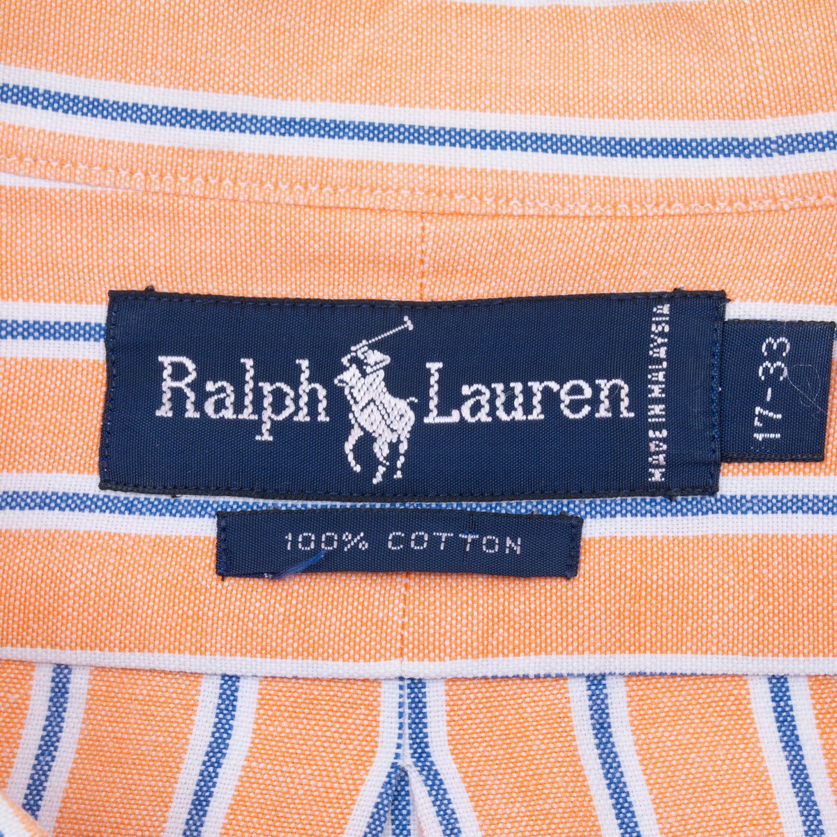 Ralph Lauren neck label and 17-33 size tag inside peach, blue and white striped shirt