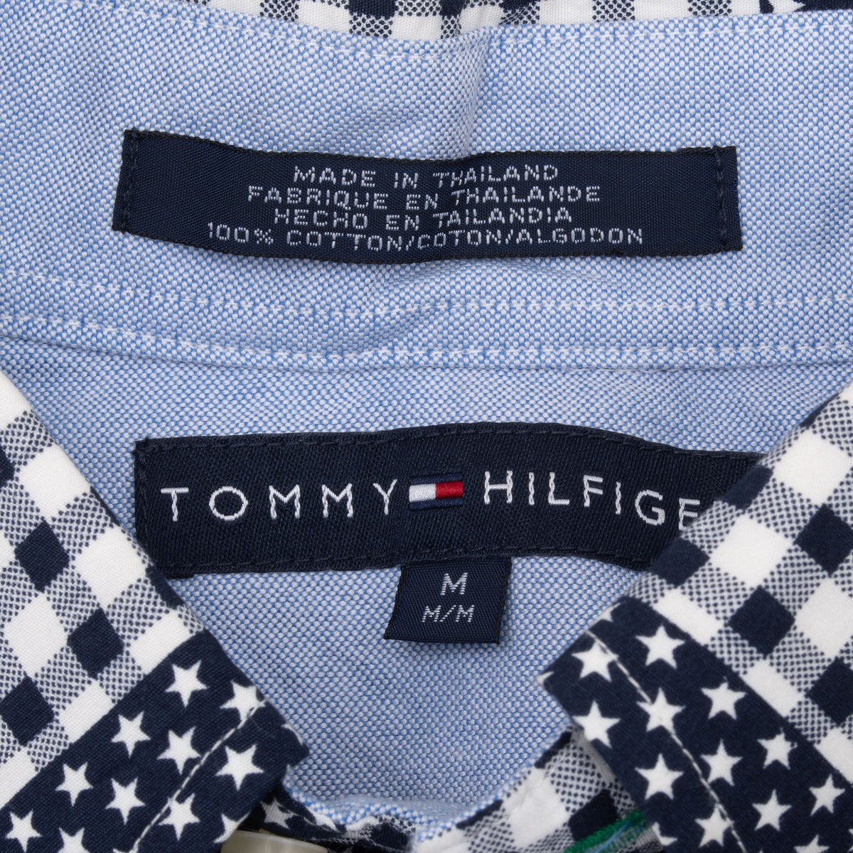Tommy Hilfiger neck label and size M tag inside the patchwork shirt collar