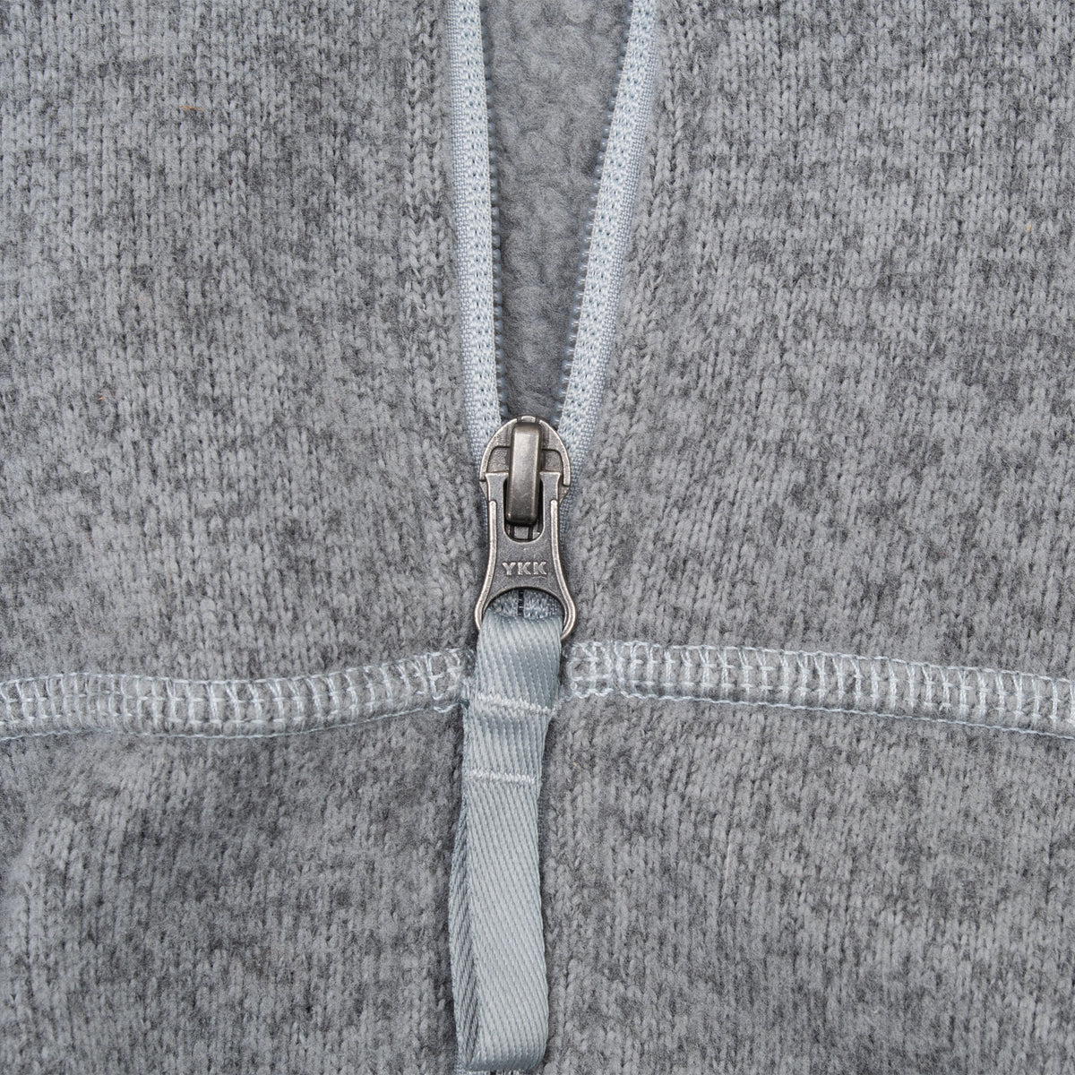 Close-up of quarter-zip pull and contrast stitching on grey jacket