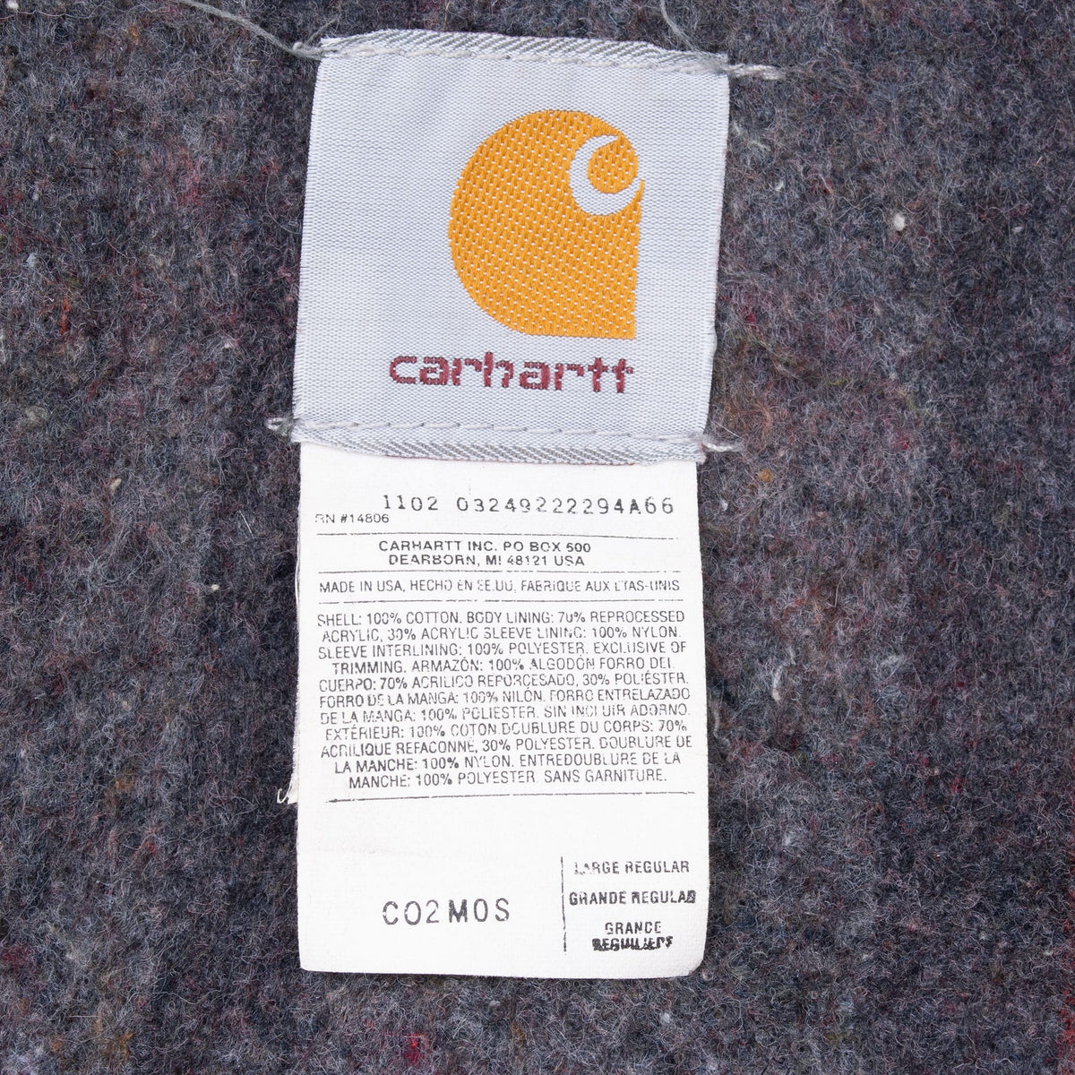 Carhartt interior label showing C02MOS style and Large Regular size