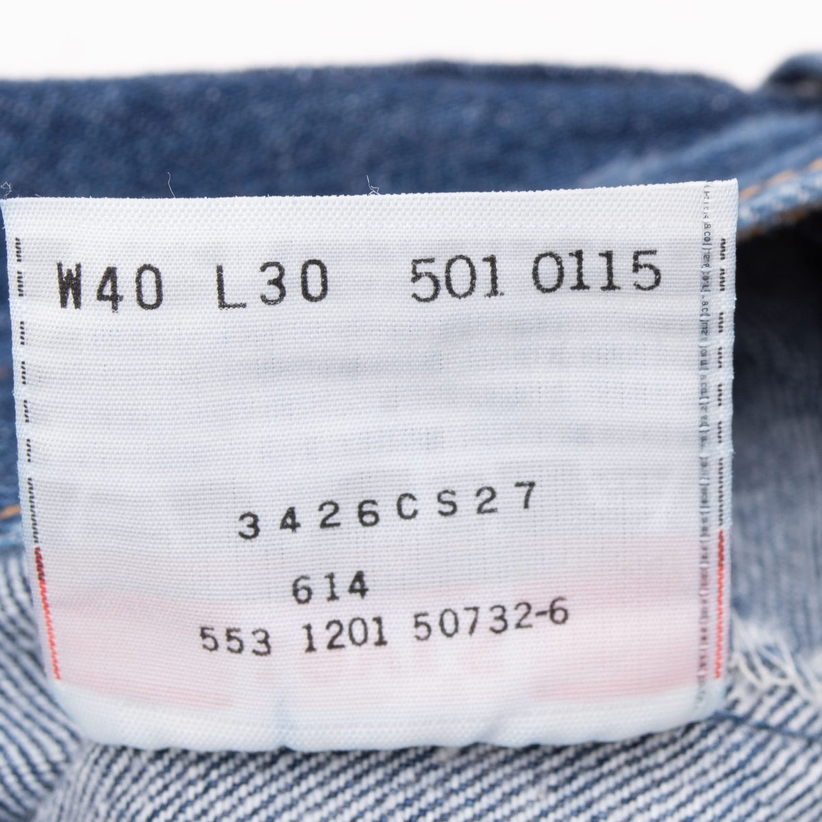 Levi's 501 inner tag marked W40 L30 with style and production codes