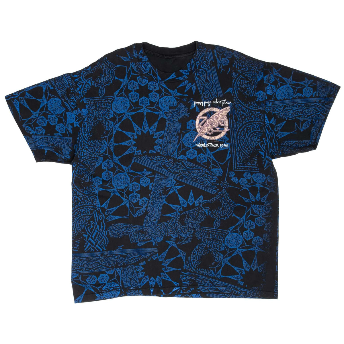 Front of black Jimmy Page and Robert Plant World Tour 1995 T-shirt with blue all-over print