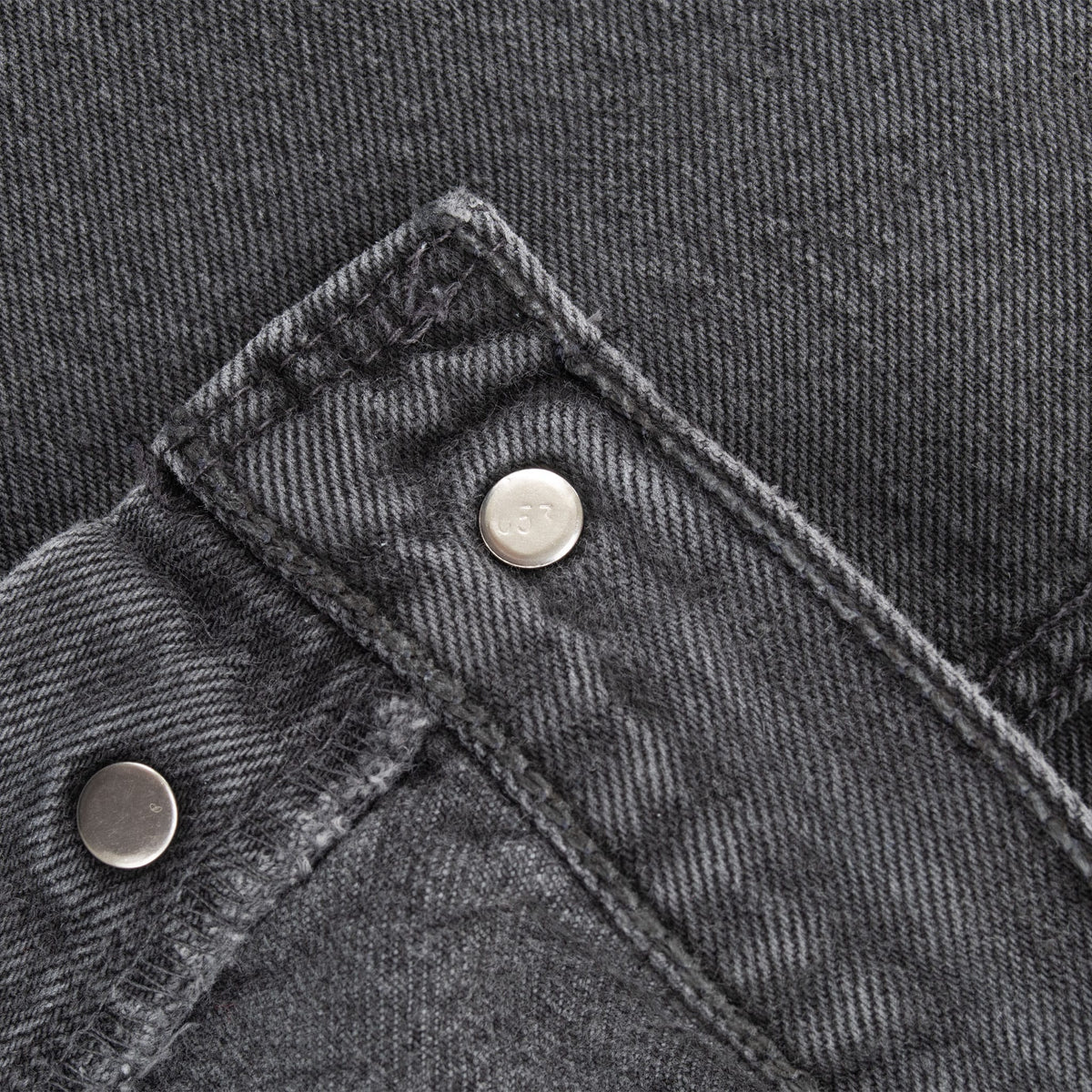 Close-up of Levi's 501 black denim button fly and rivet