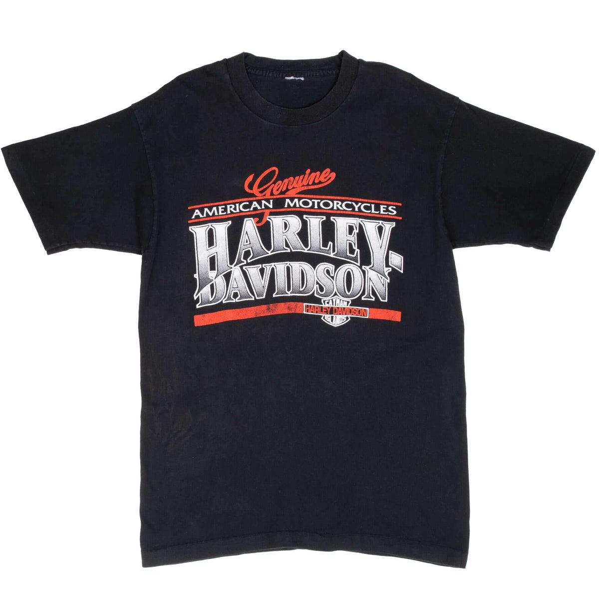 Full front of black Harley-Davidson T-shirt with red, white and gray logo graphic